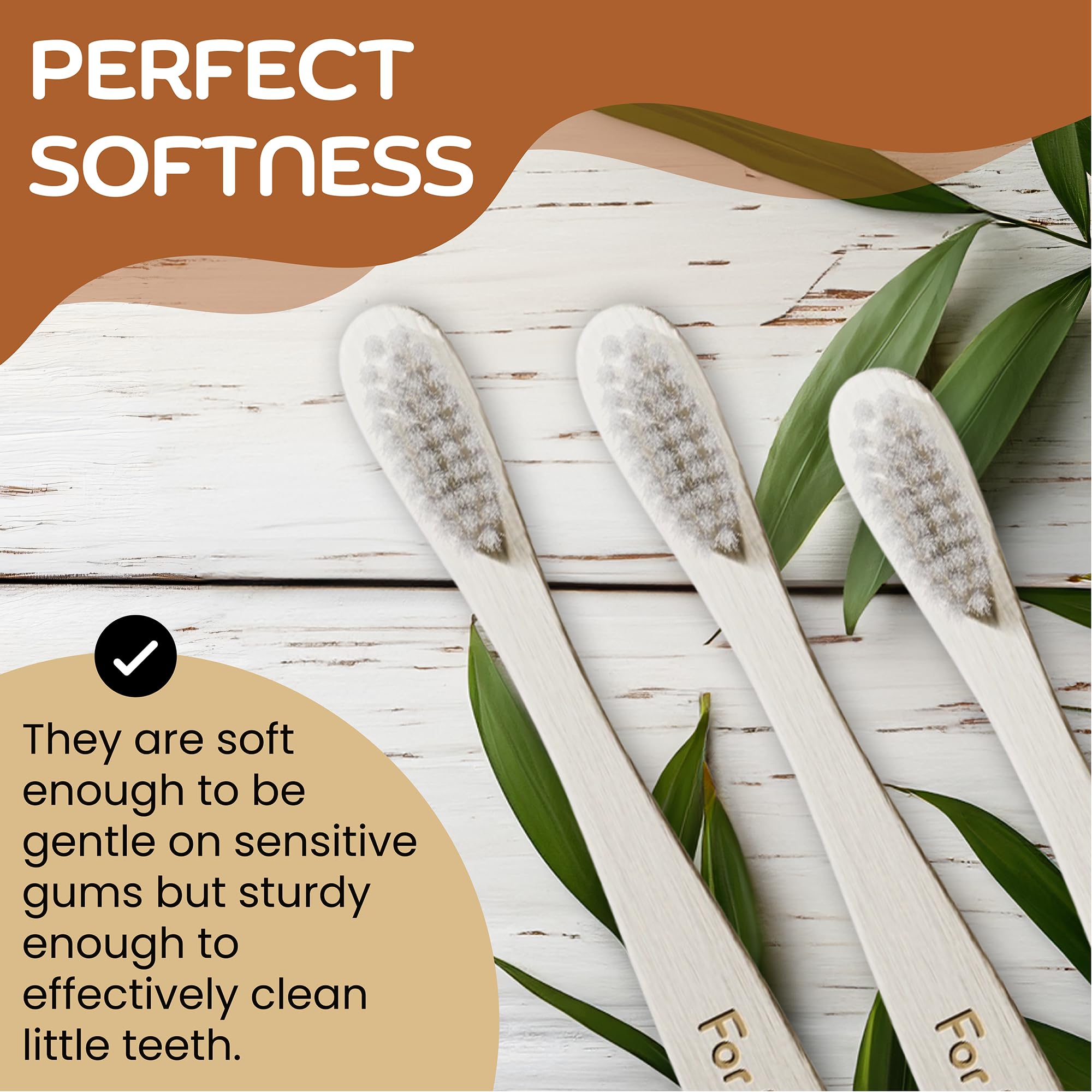 FOR MINI'S Oral Aid - Spazzolini da denti in bambù per bambini, manico in bambù, ecologici, setole morbide, confezione biodegradabile, confezione da 4