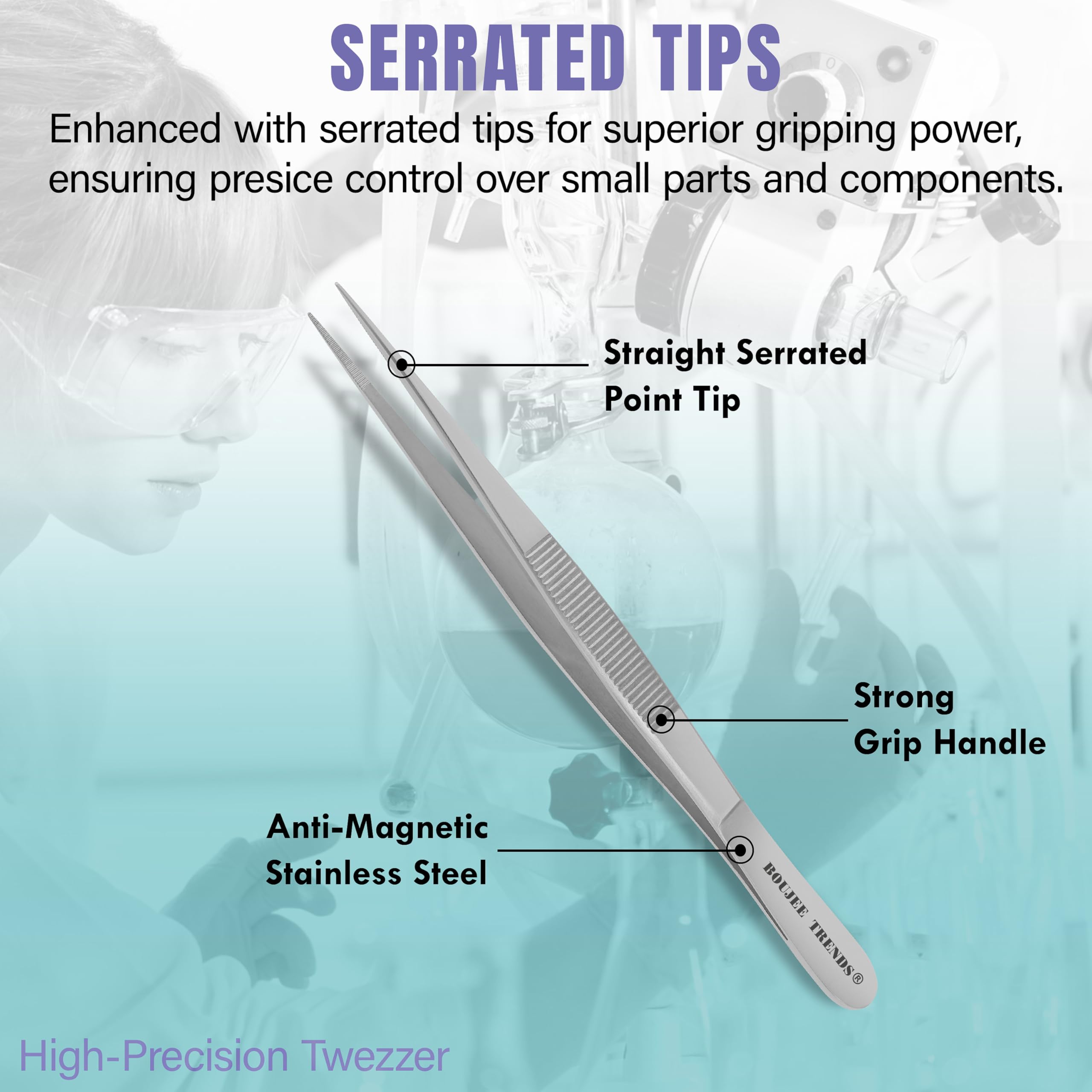 Stainless Steel High Precision Dressing Tweezers Forceps with Fine Strong Straight Serrated Point to use Engineer Labware for Scientific Art Craft Multipurpose Use (6 Inch) — Amazon image 3