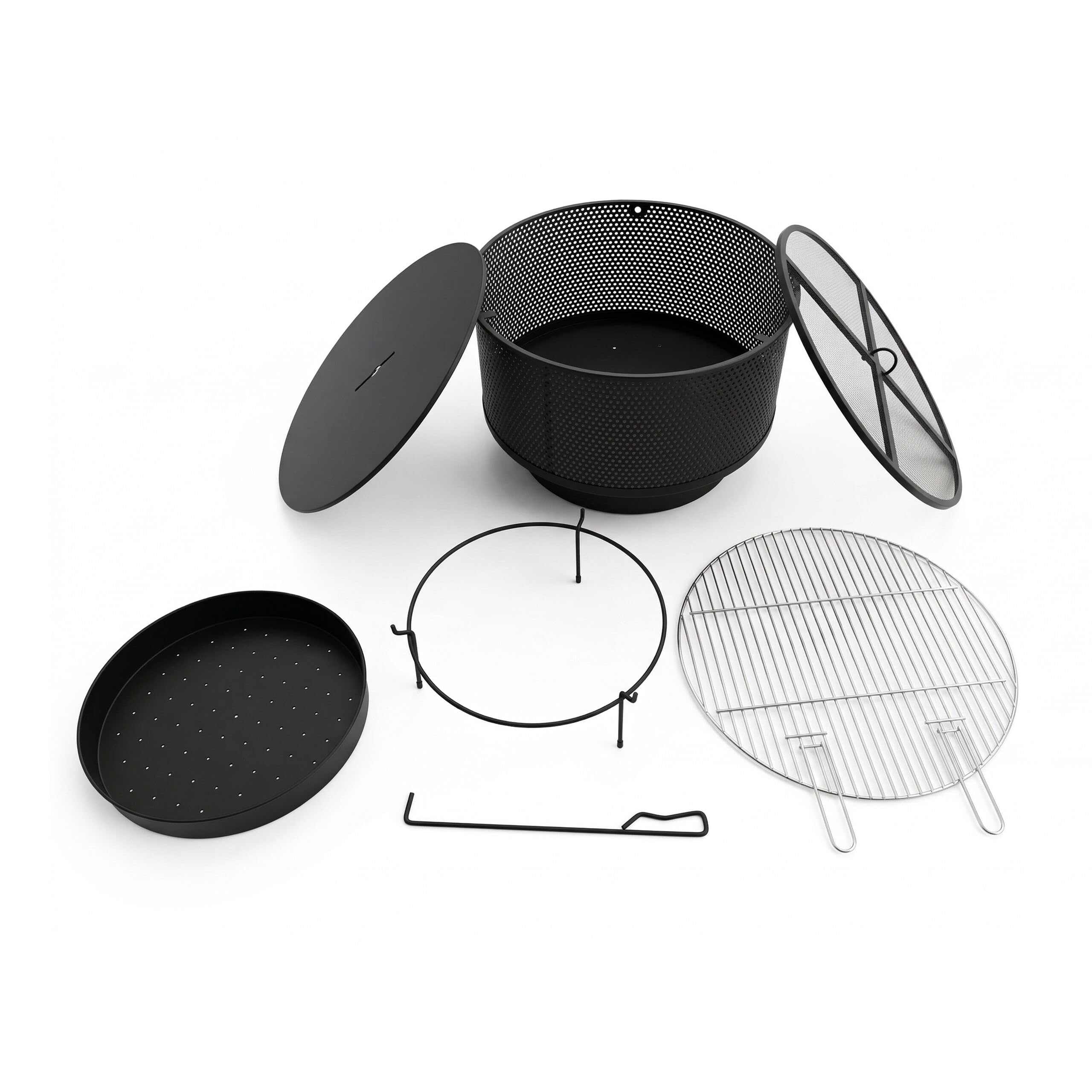 Relaxdays Braciere Ø 61 cm, con griglia, parascintille e attizzatoio, 3 in 1 da Giardino, Nero