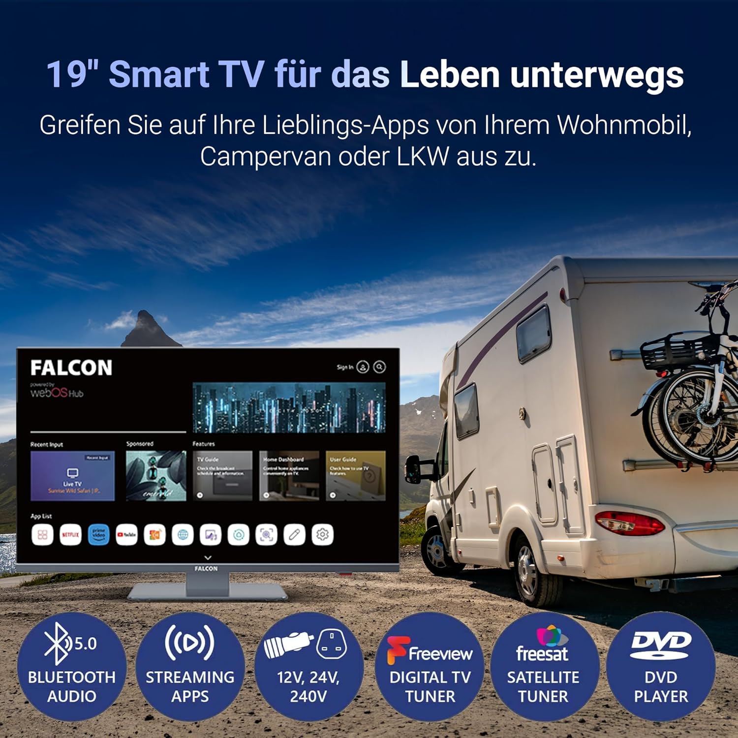 Falcon WebOS Smart TV de 19 pulgadas Wifi Camping – 12 V/24 V, reproductor de DVD integrado, Bluetooth 5.0, USB, streaming, Freeview, Netflix, Prime Video, televisión perfecta para autocaravana