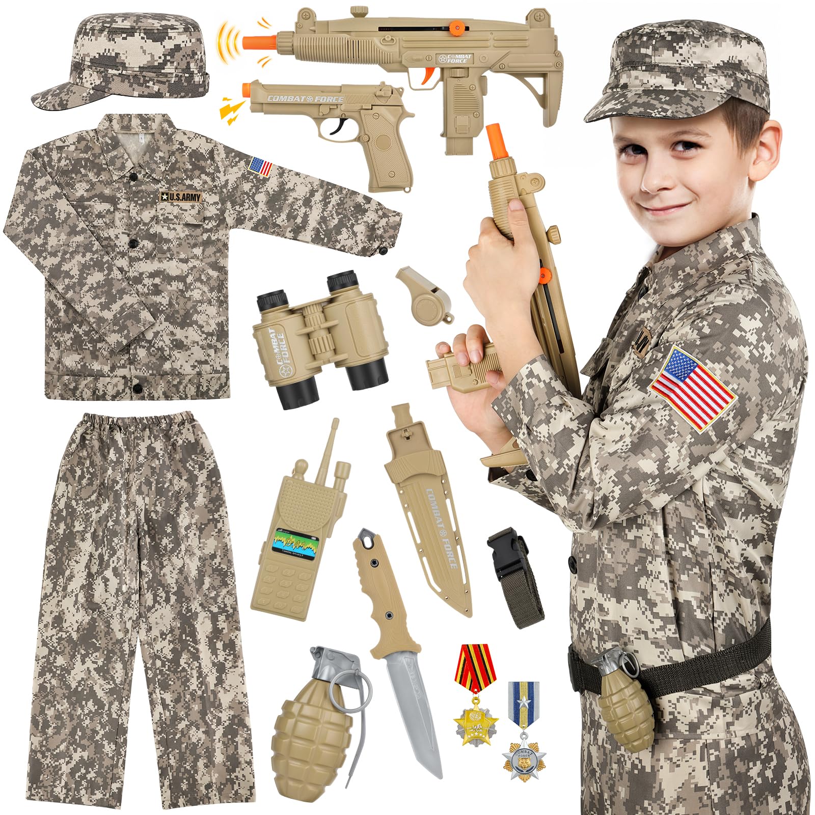 Kids Army Costume for Boys - 13 PCS Soldier Halloween Costume for Boys | Military Soldier Costume Dress Up Role Play Set with Army Toys, Halloween Costumes for Boys 3-12