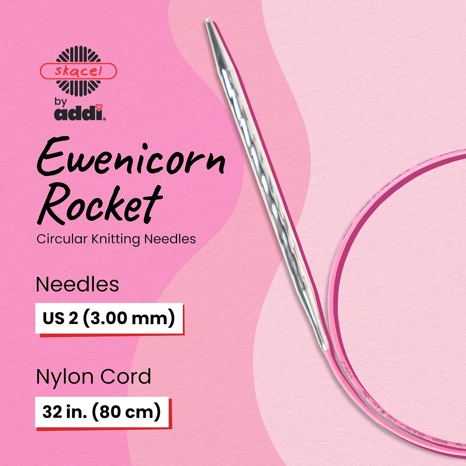 skacel by addi Ewenicorn Rocket Circular Knitting Needles, Fixed 32 Inch (80 cm) White Chrome Plated Brass Tips with Flexible Nylon Cord, 3 mm (US Size 2)