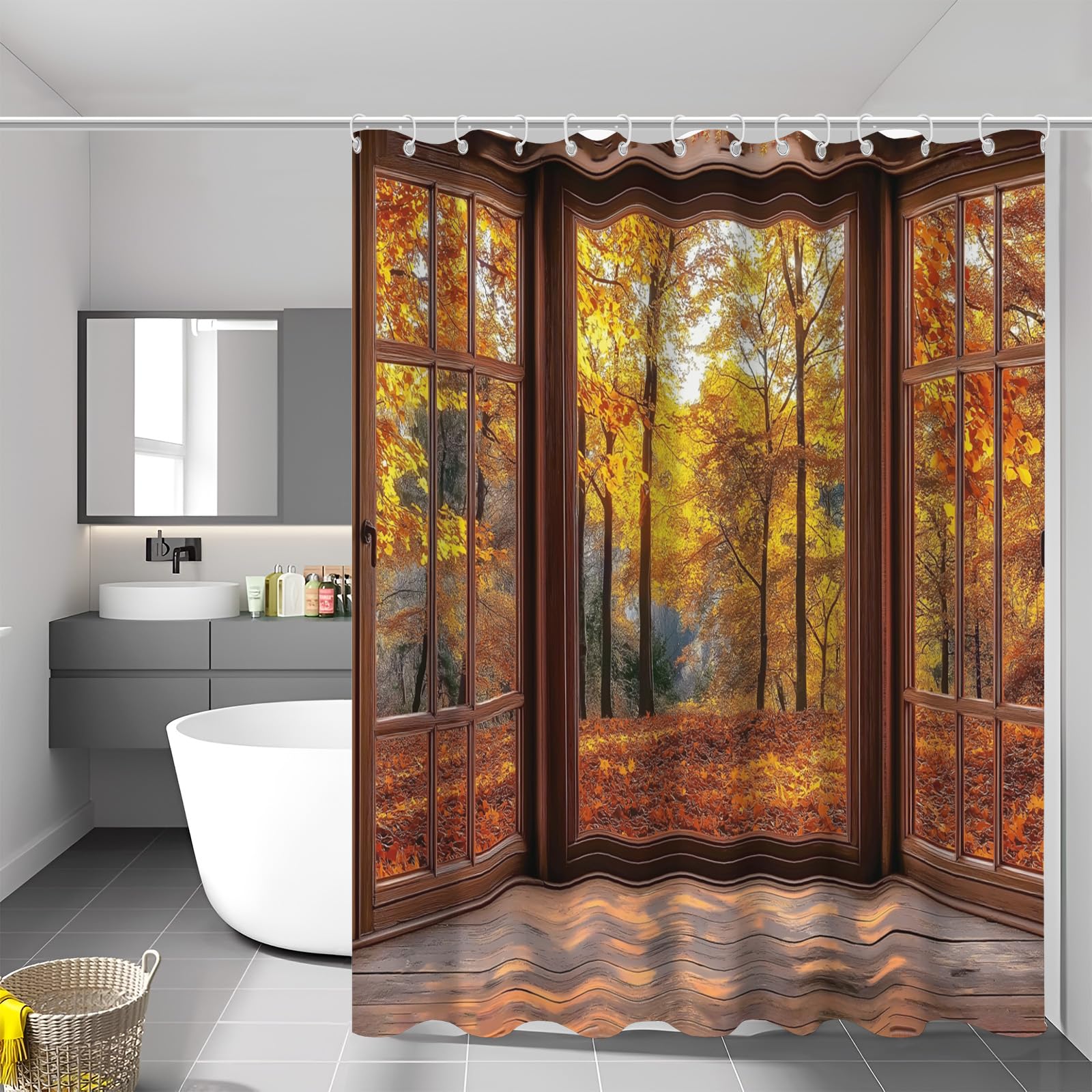 Rideau de douche marron 150x180 cm lavable pour baignoire avec paysage d'automne