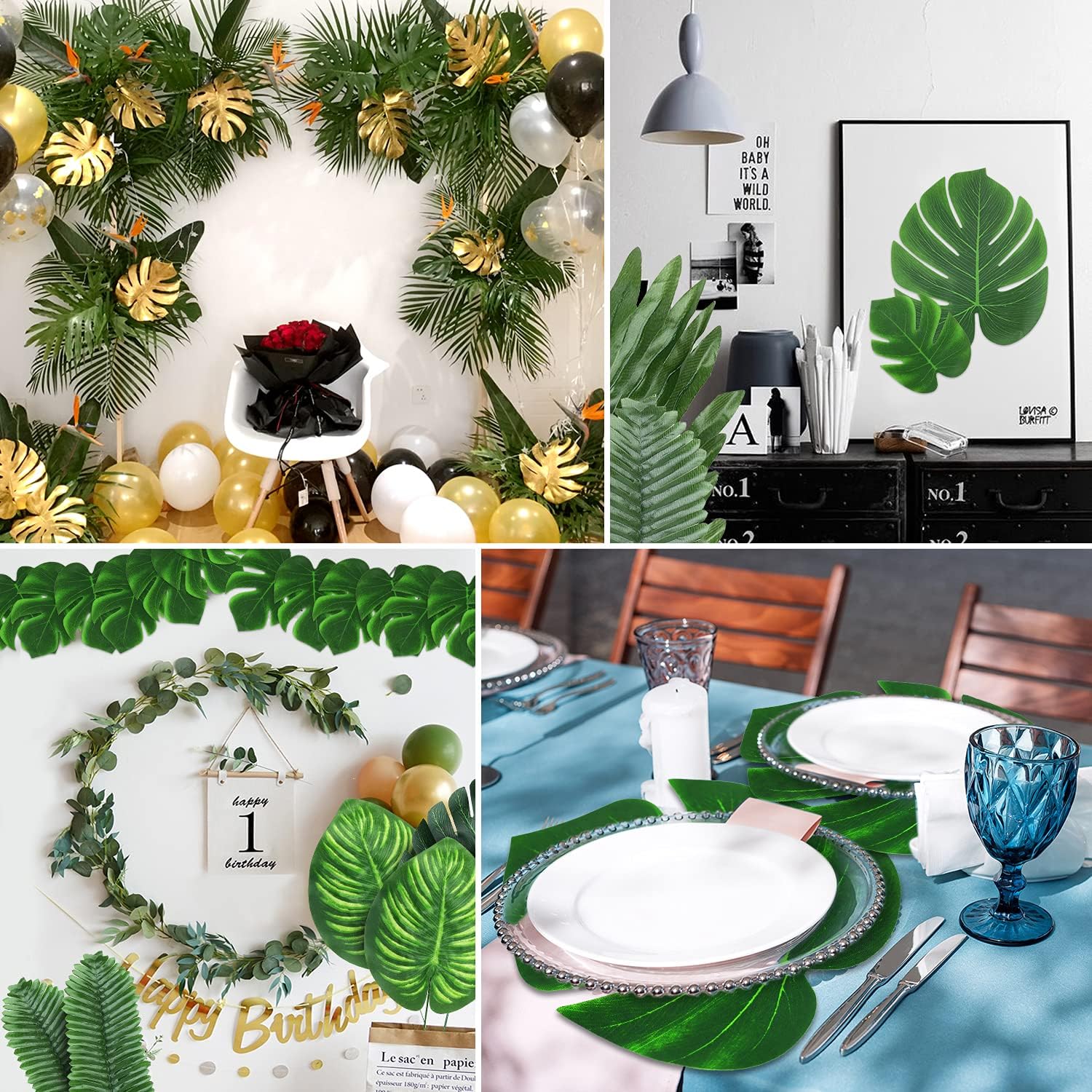 QUANQIUFEI 74 Pcs 7 Kinds Artificial Palm Leaves Tropical Fake Leaves, Monstera Leaf for Safari Jungle Hawaiian Dinosaur Luau Party Table Decoration Wedding Birthday Theme Party