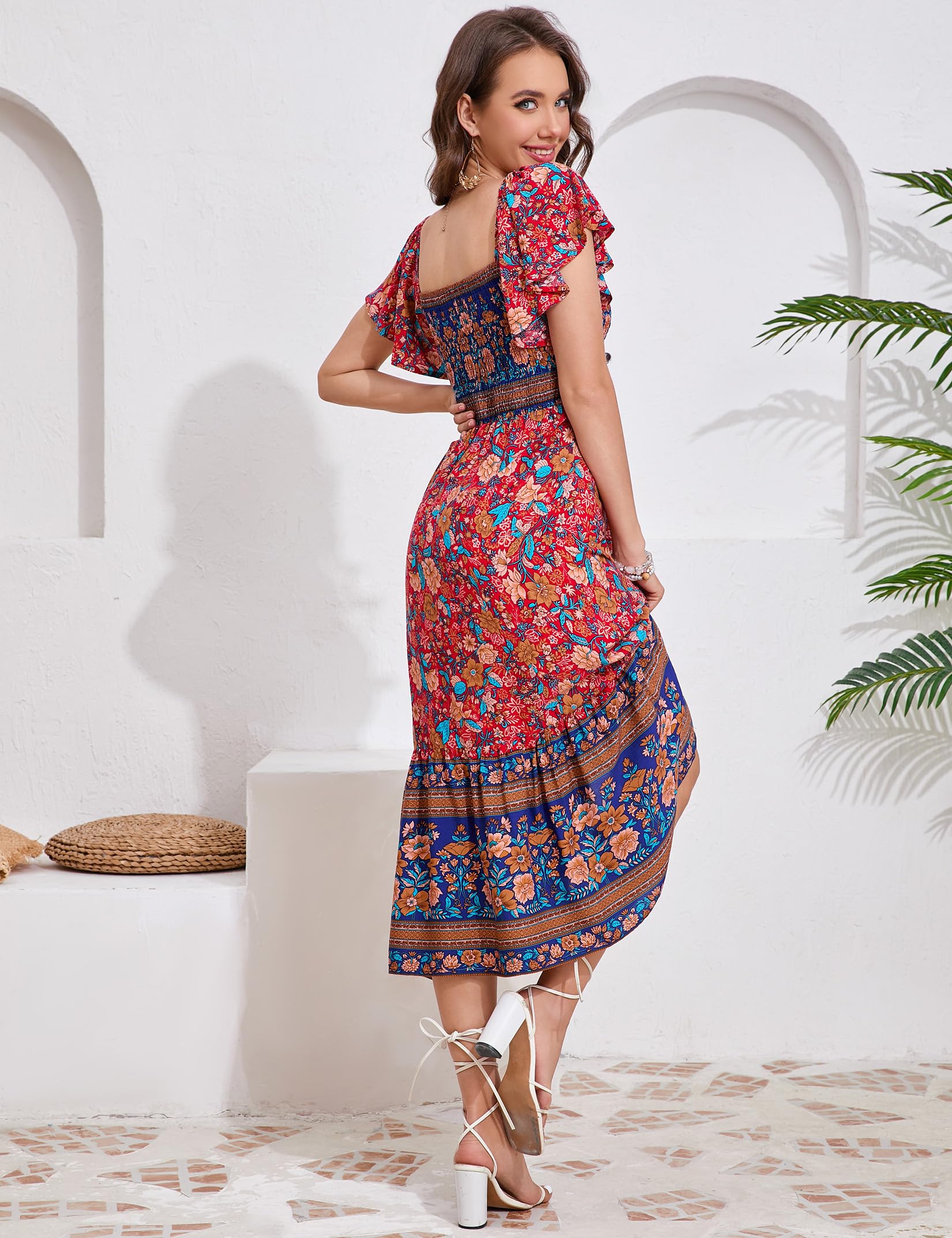 KOJOOIN Robe d'été bohème à manches courtes pour femme - Robe longue smockée - Robe de plage longue - Robe florale à volants - Robe de loisirs (emballage réutilisable)