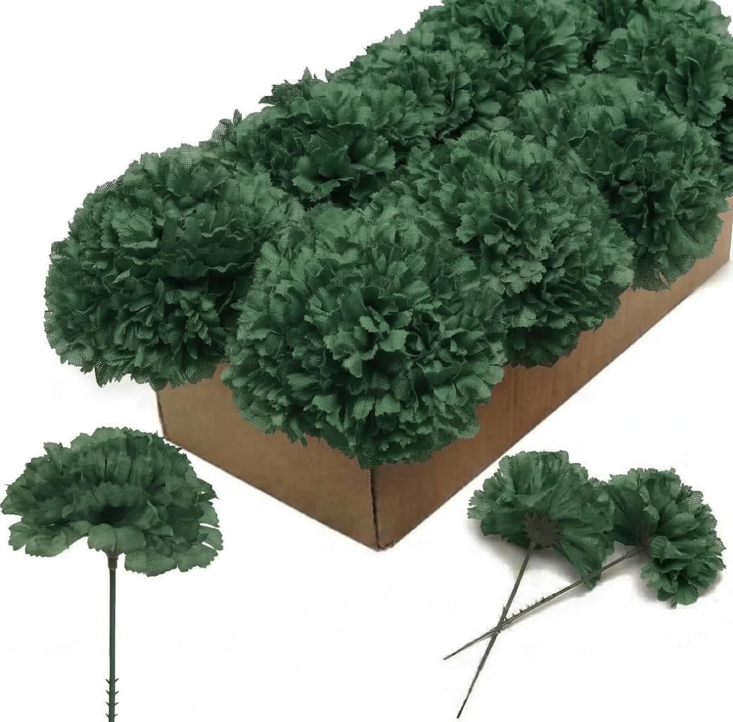 Larksilk Carnations Artificial Flowers - Fake Flowers for Easter Decorations, Spring Decor, Wedding Decor, Floral Backdrop - Fake Carnations, 5" Floral Stems, 3.5" Heads, Emerald Green, 100 Pieces