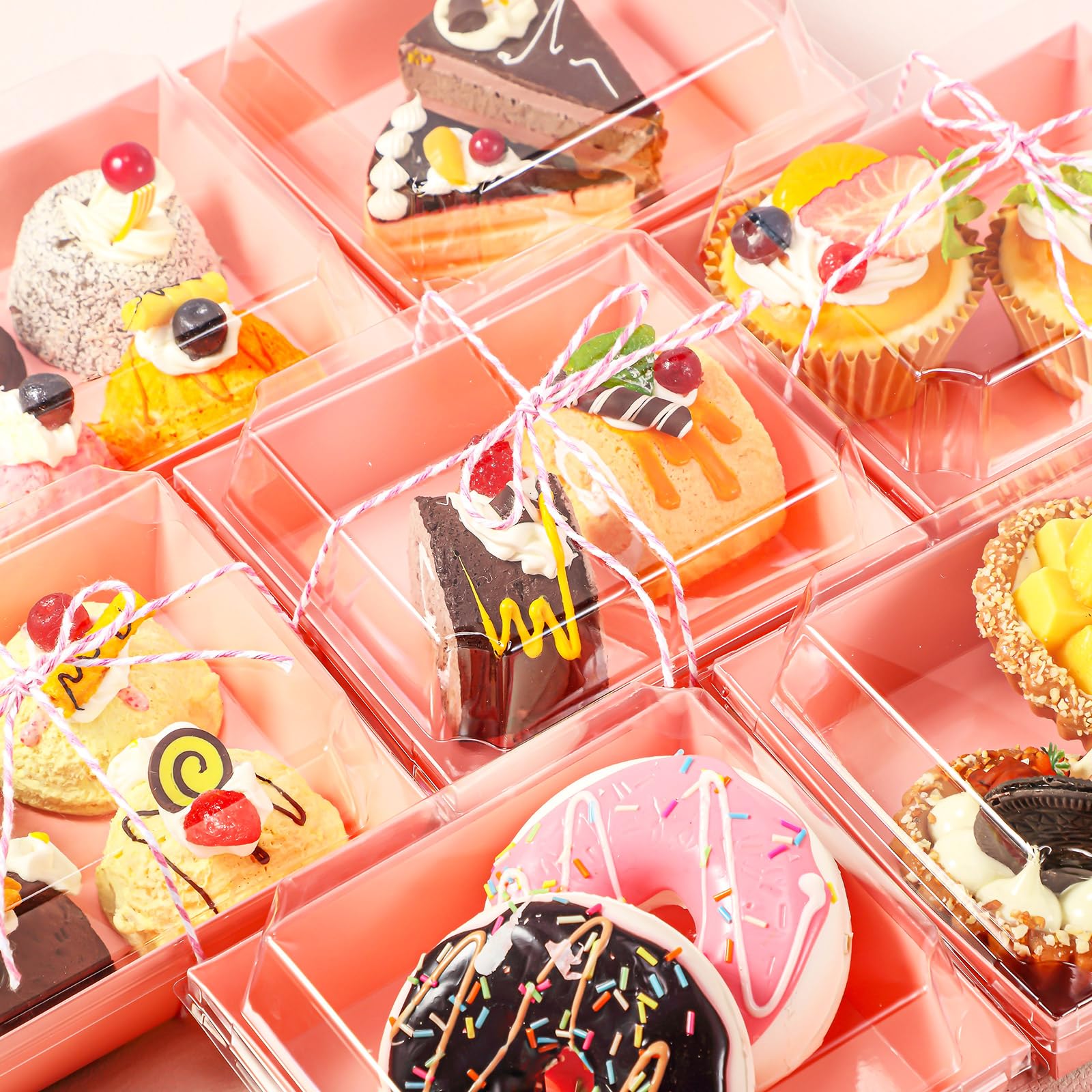 Suclain 402 pcs Charcuterie Boxes with window cookie boxes with Clear Lids and Rope 4 Disposable Square Dessert Boxes for Party Favor(Rose Gold)