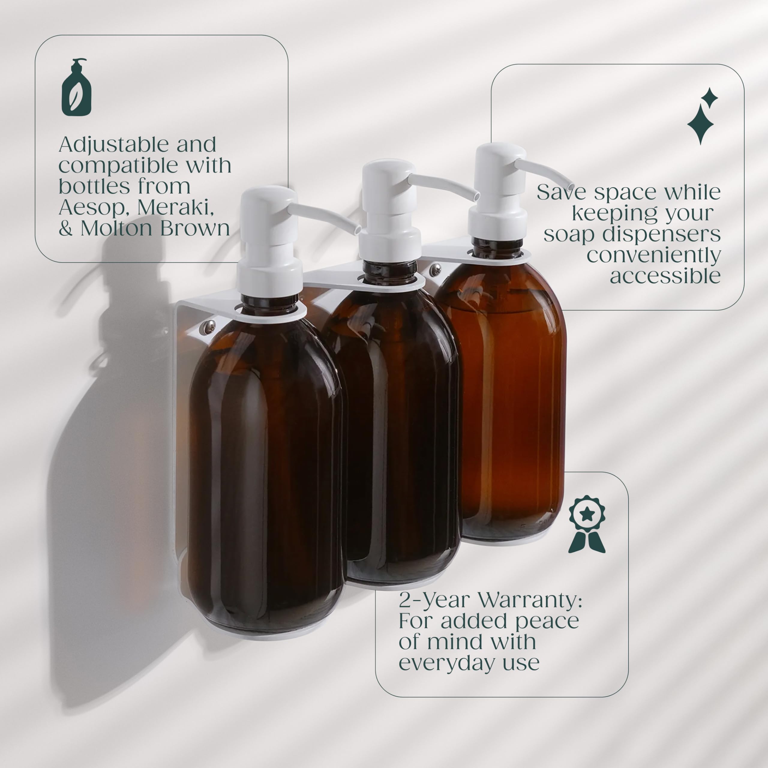 Kuishi Supporto per dispenser di sapone da parete, 250-500 ml, resistente alla corrosione e ai segni, decorazione, bottiglie non incluse (bianco, triplo)