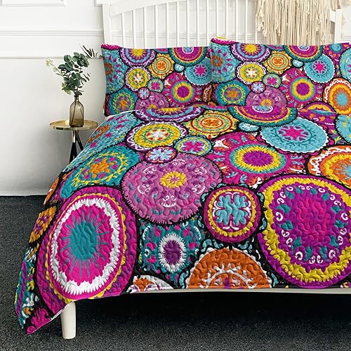 BlessLiving Juego de edredón bohemio tamaño matrimonial, colcha colorida con patrón marroquí de 80 x 90 pulgadas, colcha suave y ligera, funda de