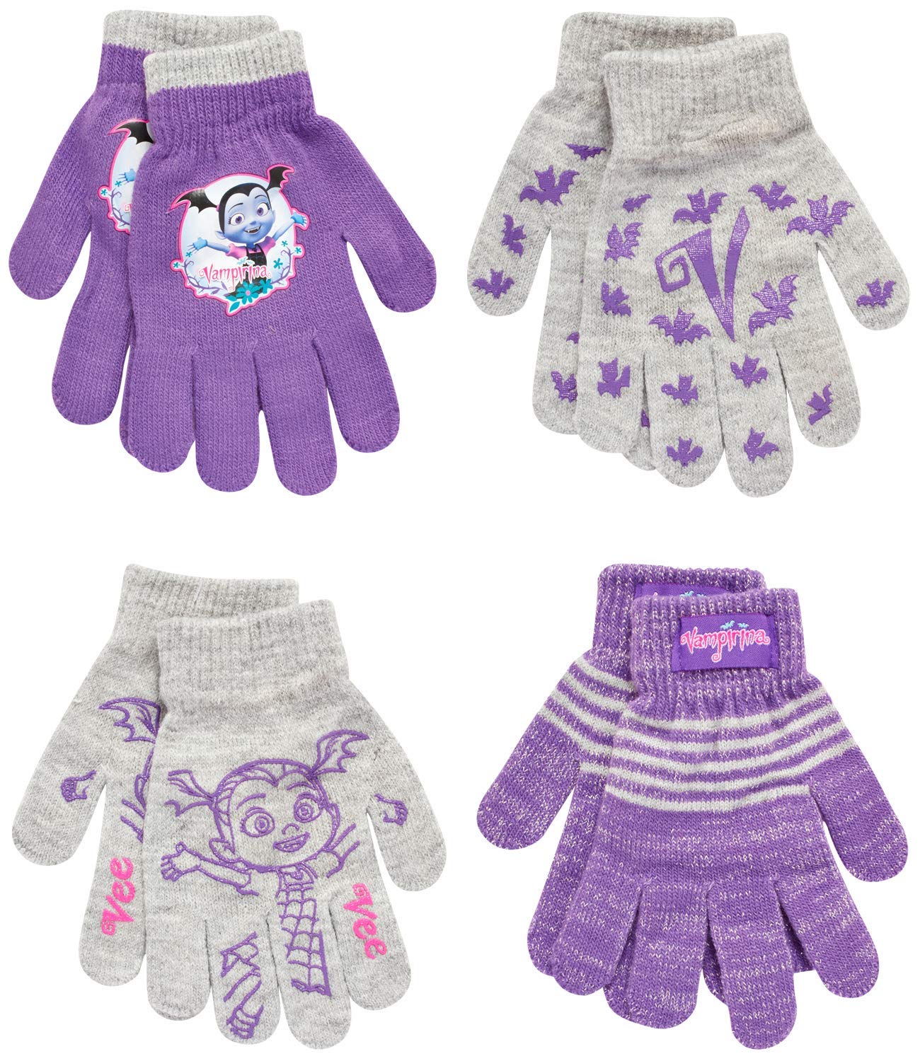 Vampirina Girls 4-Pack Winter Gloves, Insulated and Waterproof Cold Weather Glove Set for Kids, Size 4-7 Years, Purple/Grey