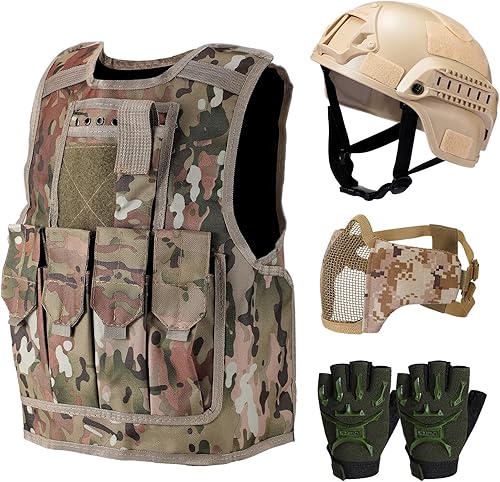 Cuffbow Paquete de 4 unidades de chaleco de Airsoft para niños, guantes de nailon, chaleco de juego para exteriores, casco rápido de Airsoft,