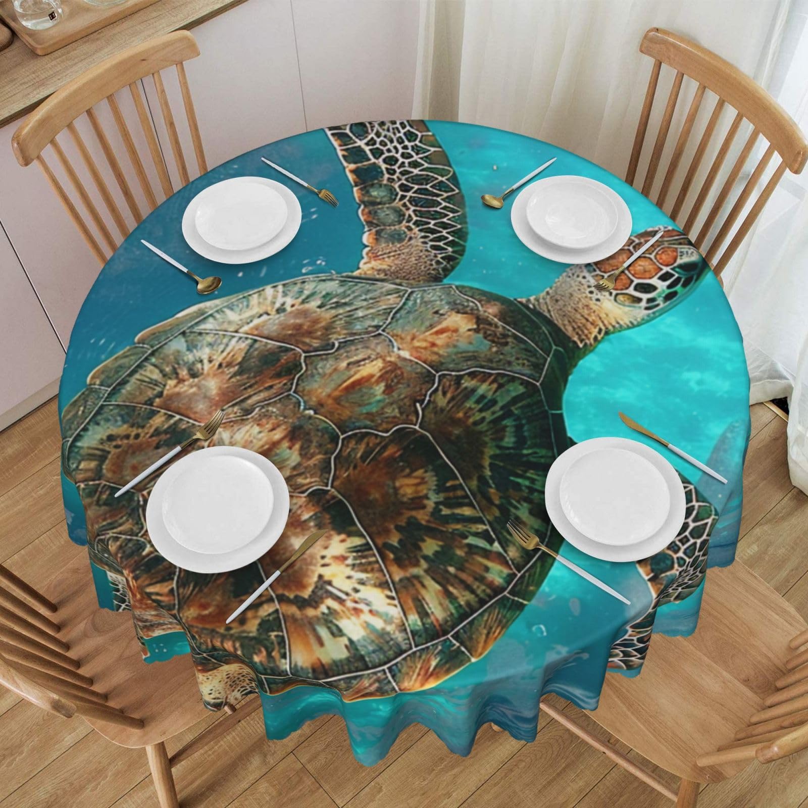 Nappe ronde imprimée tortue de natation lavable pour protéger votre table de cuisine
