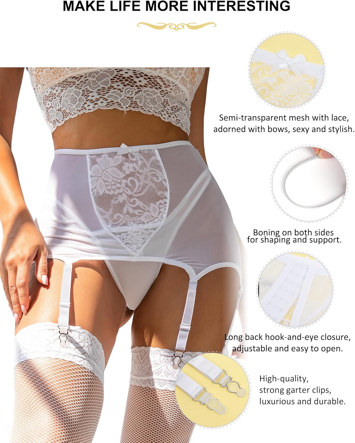 Sheer Mesh Garter Belt for Thigh Highs 6 Straps Suspender Garter Belts with Thong Lace Vintage Lingerie S-2XL - Image 4