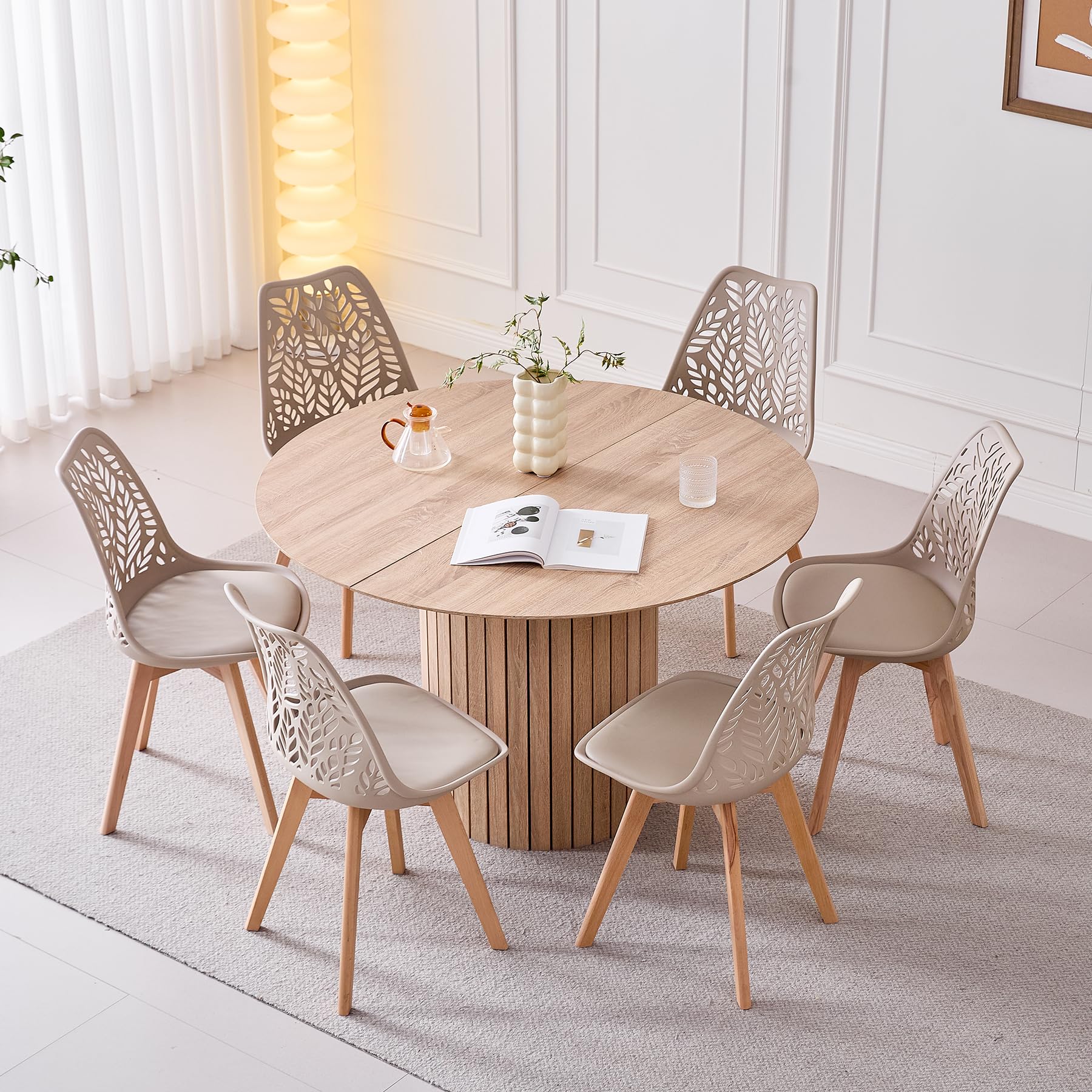 Juego de 8 sillas de Comedor Estilo nórdico, sillas de Cocina Modernas con Patas de Madera Maciza,Respaldo Abierto y tapizado en Piel sintética para comedores, cocinas,Caqui