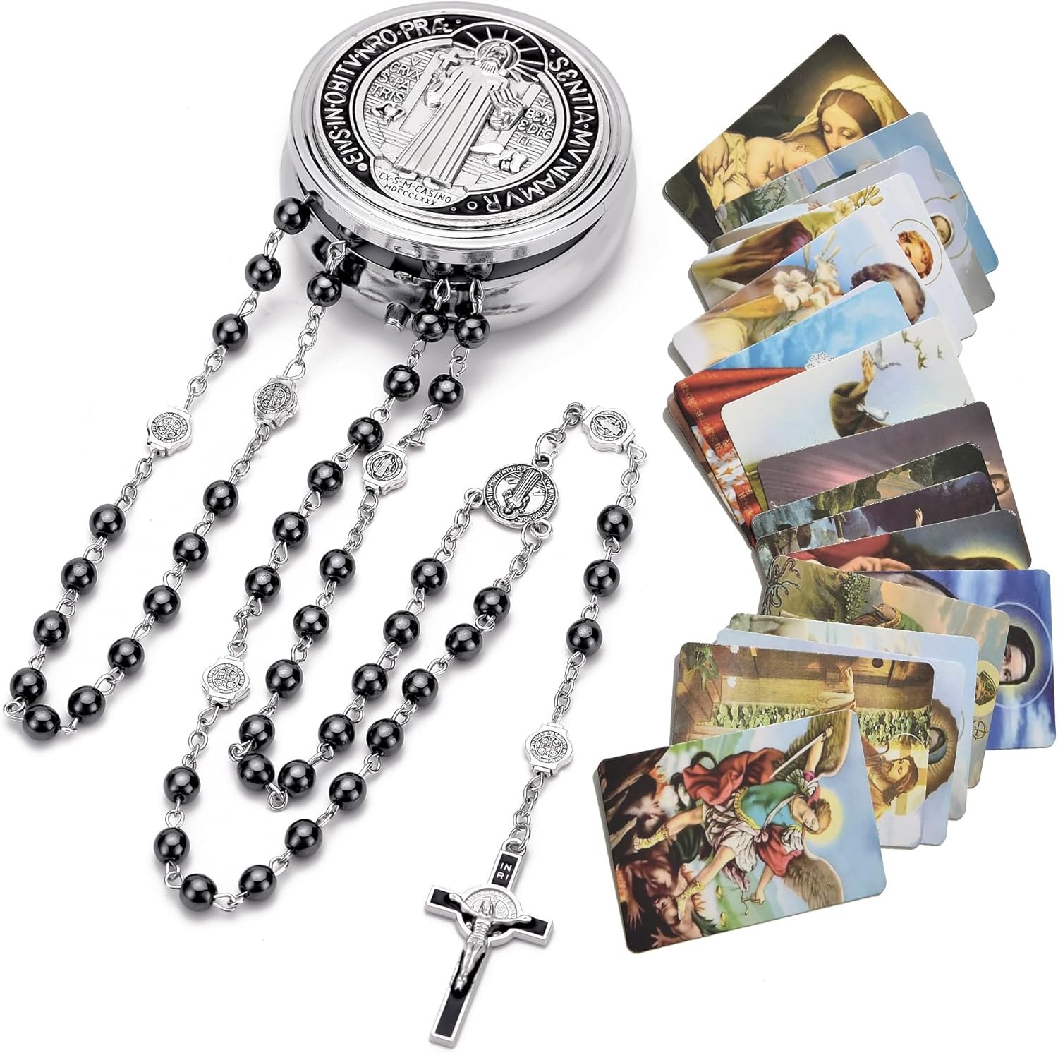 SZQCZB Rosary Beads Catholic for Men and Women, St.Benedict Center Piece and Crucifix, Black Cystal Rosary Beads with Saint Benedict Miraculous Gift Box and 18pcs Prayer Cards