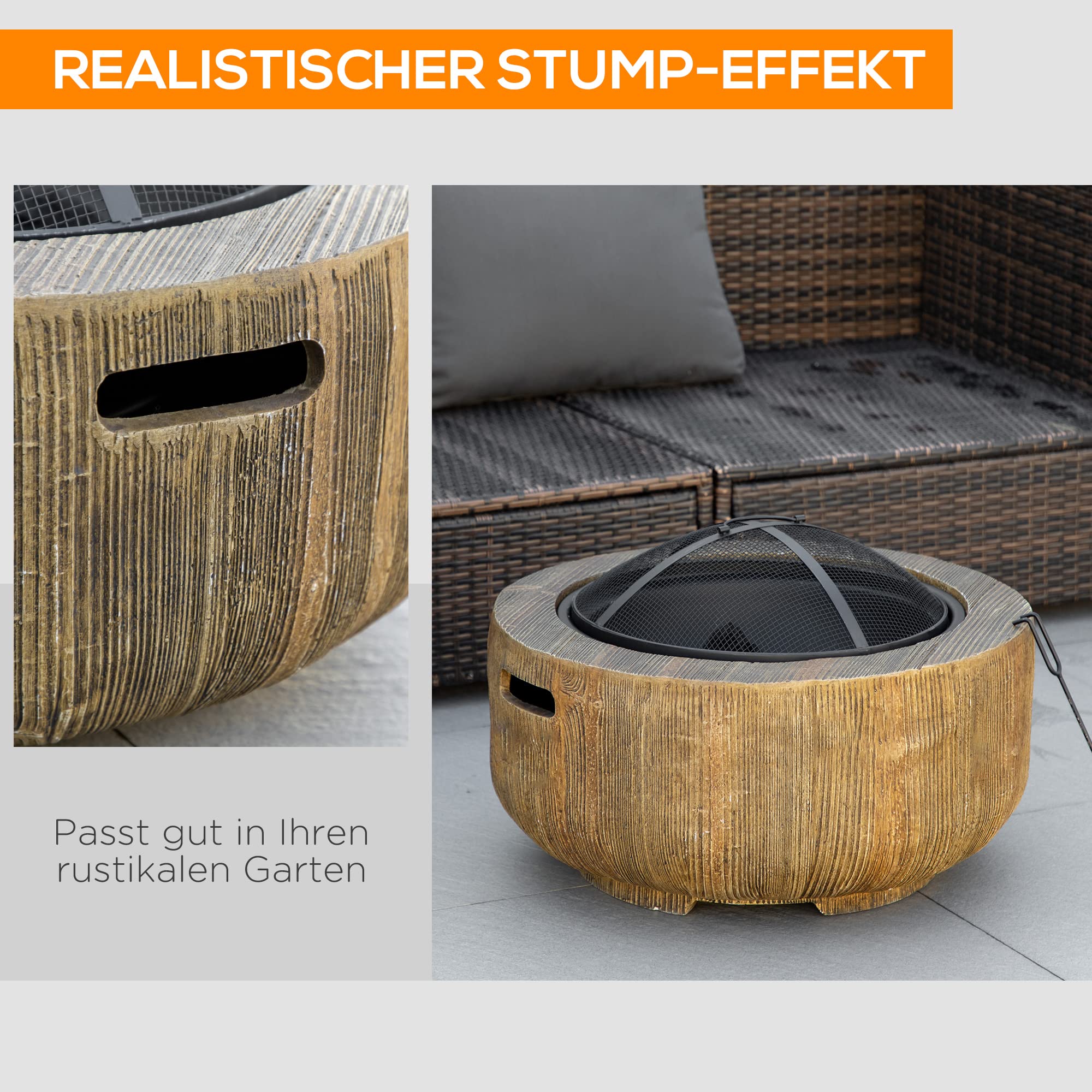 Outsunny Feuerschale Feuerstelle mit Deckel im Baumstumpf-Design Braun | Feuerkorb mit Schürhaken, für Garten, Camping, Terrasse, Stahl, MgO
