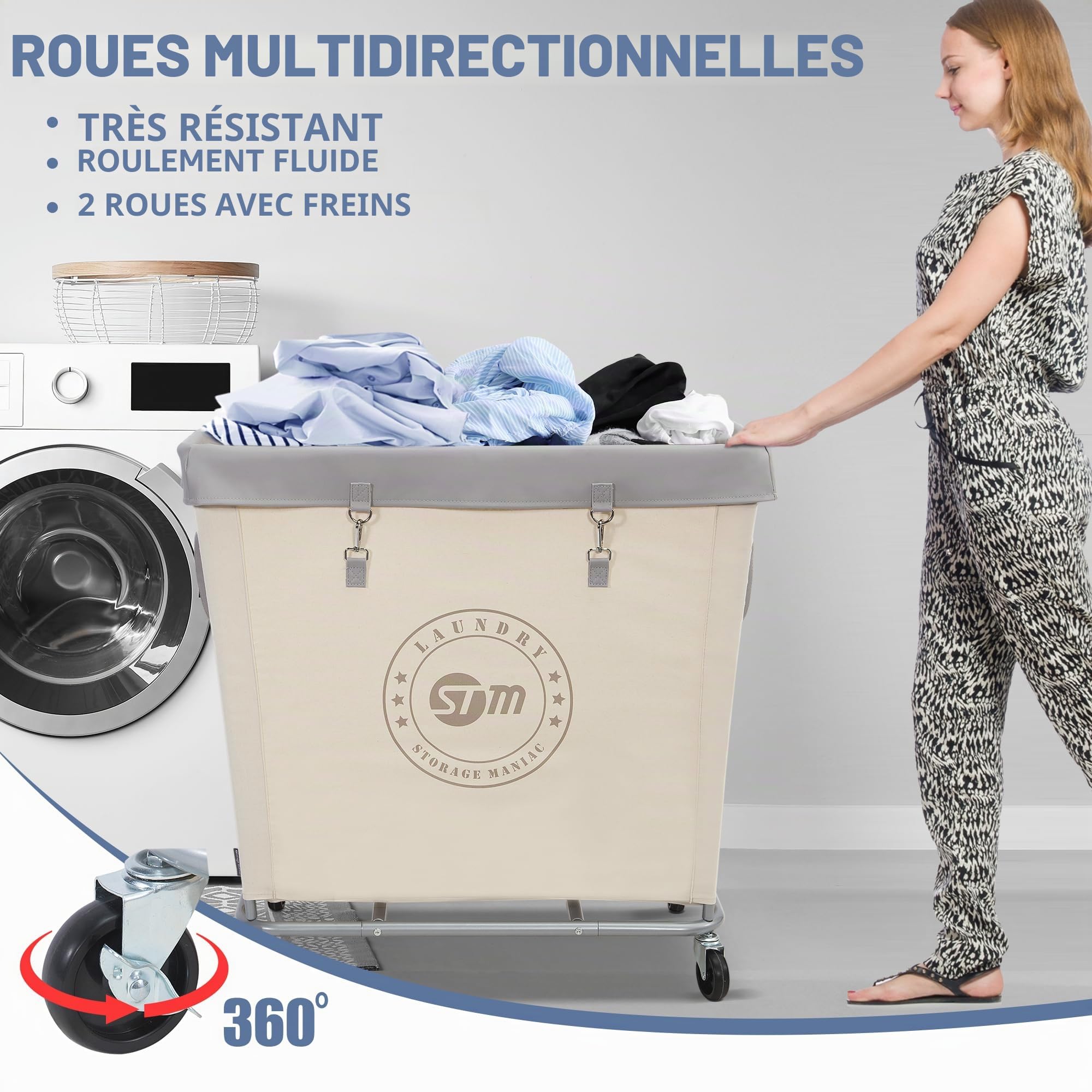 STORAGE MANIAC Panier à linge commercial avec cadre en acier robuste, 320 L, panier à linge industriel avec roues pour hôtel, maison, buanderie, 80 x 49 x 78 cm (L x l x H), grand beige