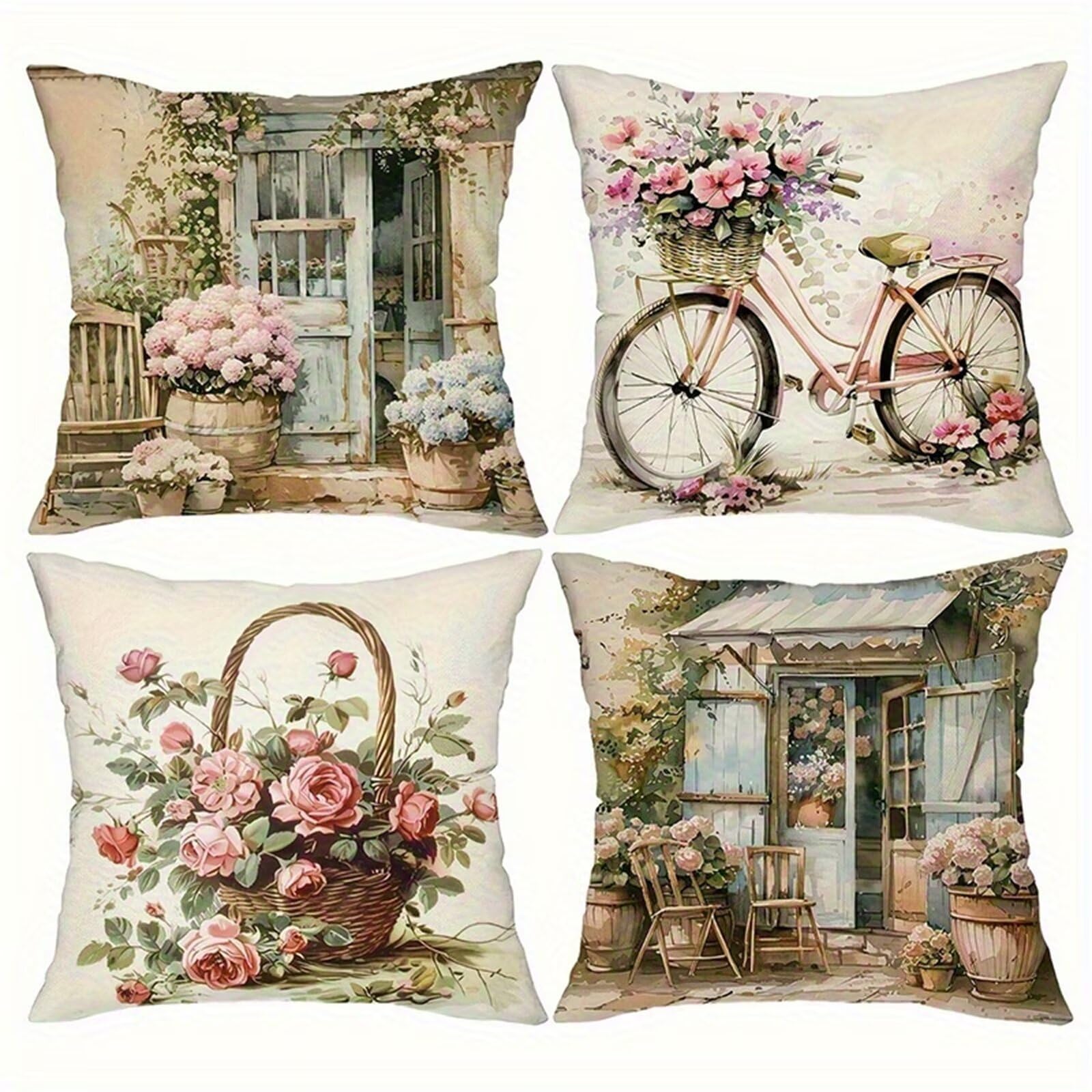 Heaen Outdoor Cushions Covers Waterproof 35x35 cm Set of 4 Square Linen Pillow Cases Pink Flowers Scenery Decorative Dushions for Sofa Porch Patio Home Decor