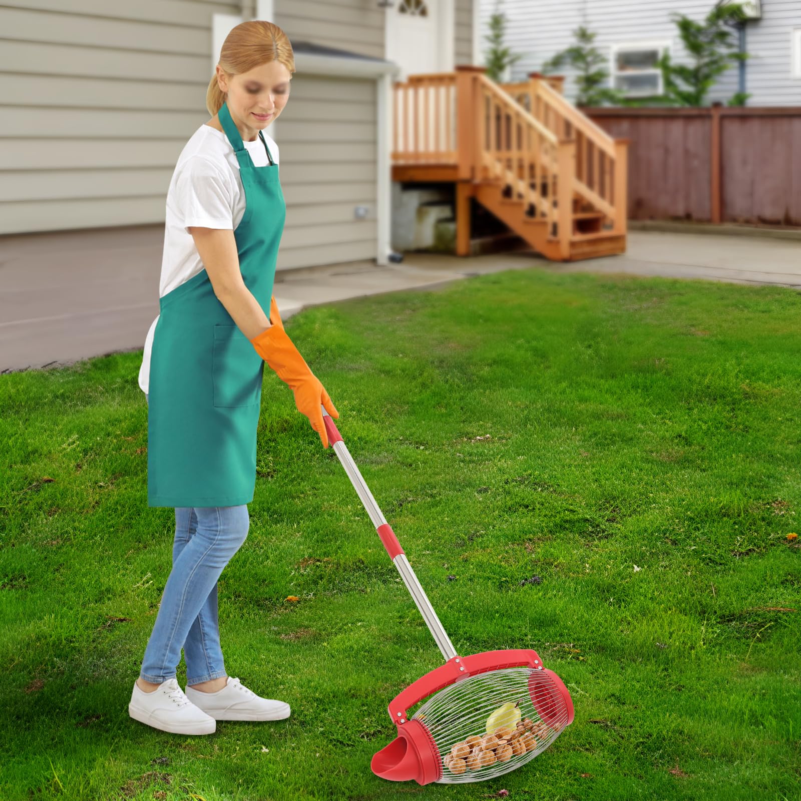 Colector de nueces de nogal con bolsa de almacenamiento, 15 l, recogedor efectivo para frutos secos, recogedor con mango telescópico para exteriores, pelotas de golf, pelotas de tenis