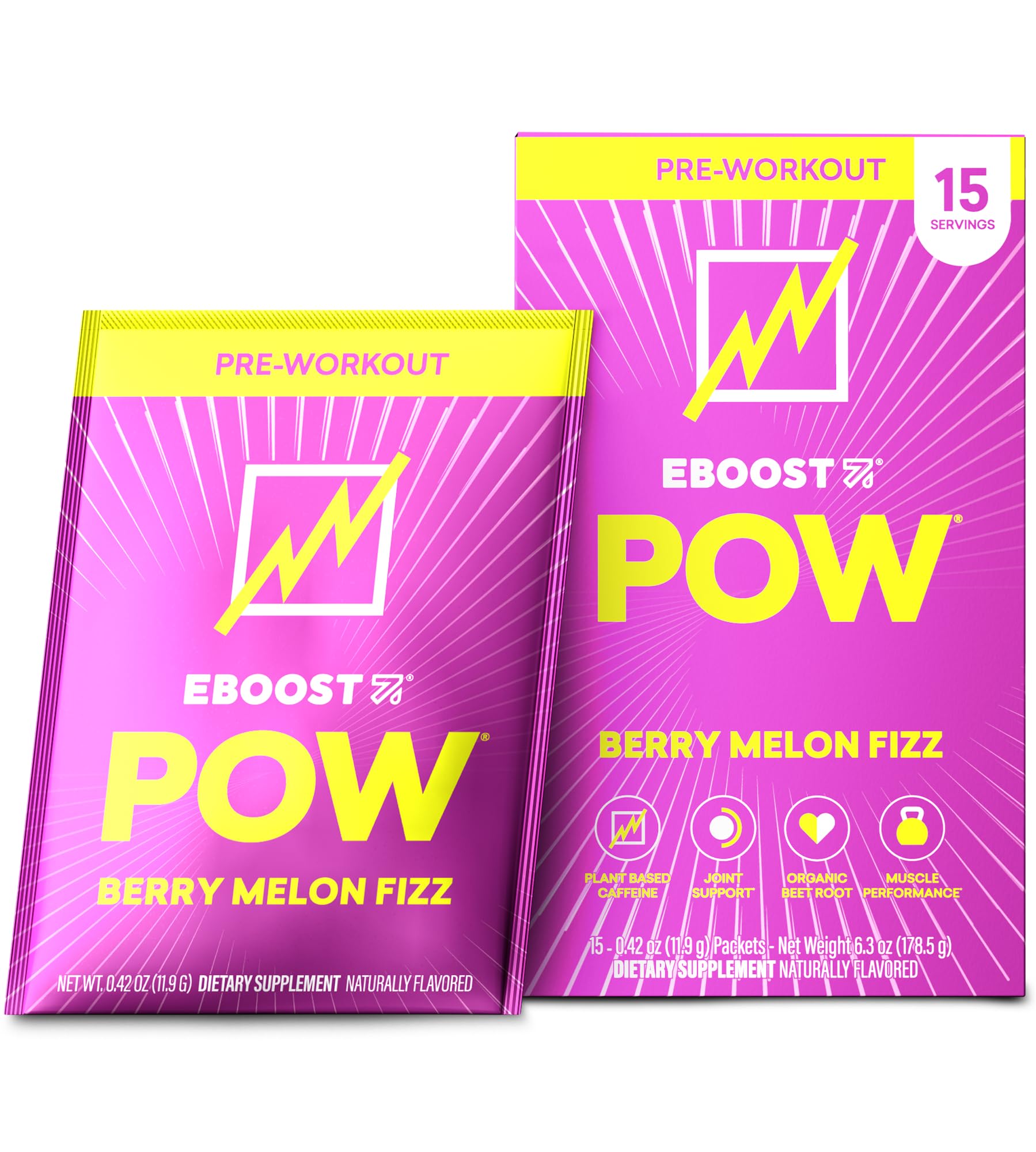 EBOOST Natural Pow Pre Workout Powder Box 15 Servings Melon Berry Fizz