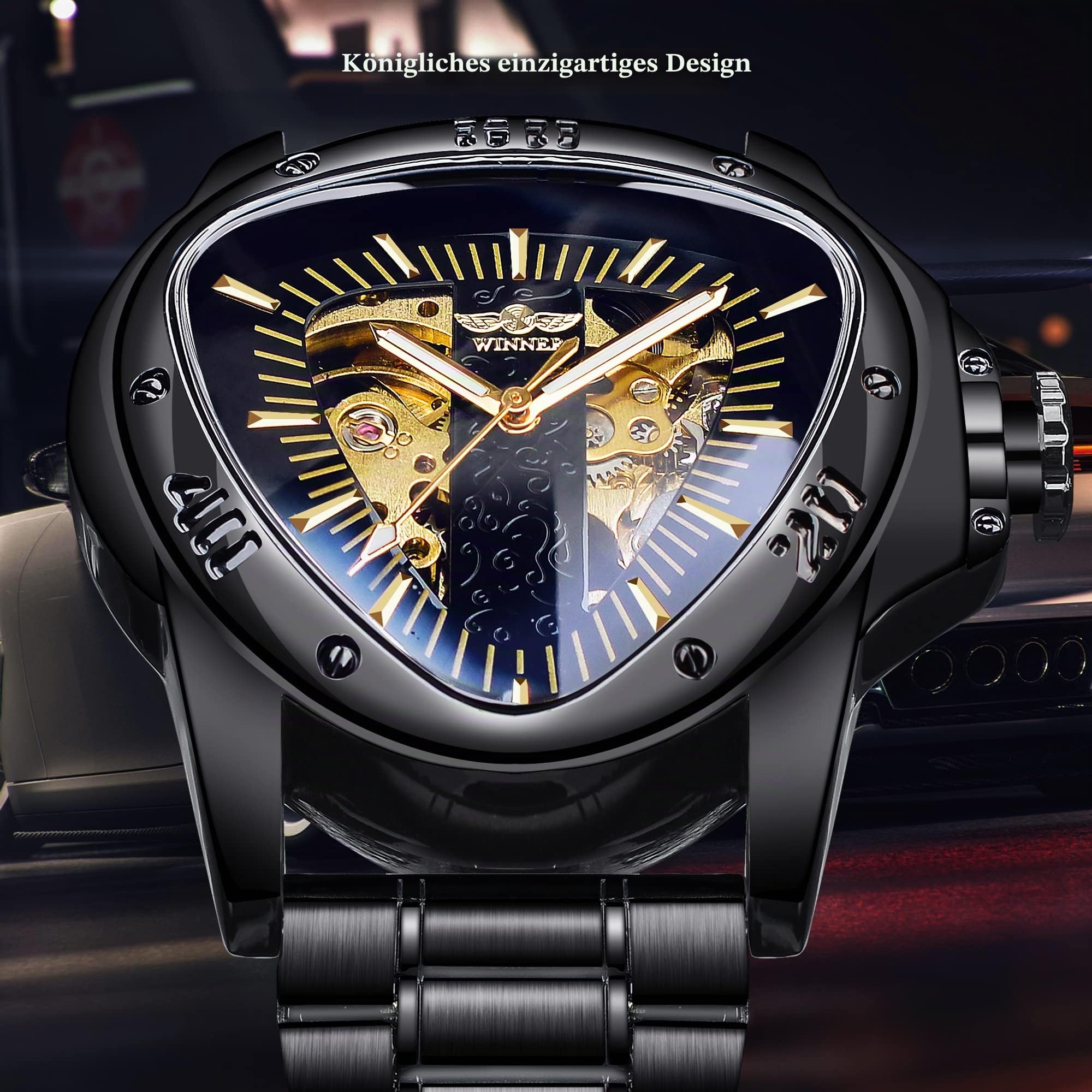 Winner Fashion Mechanische Armbanduhr für Herren, dreieckiges Rennsportzifferblatt, wasserdicht, goldenes Skelettzifferblatt, automatisches Uhrwerk, Lederdesign