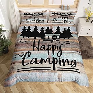 Feelyou Camping Travel Car Pattern Bedding Set for Girls Boys Children Vintage Wooden Door Comforter Cover Happy Camping Duvet Cover Room Decor Camper Bedspread Cover King Bedding Collection 3Pcs