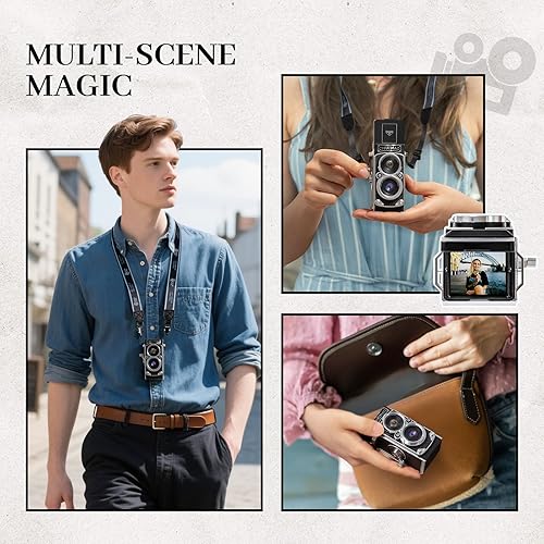 Miniatura 5 de CHUZHAO Mini cámara digital vintage, cámara retro portátil TLR Point and Shoot con video de 1080P, fotos de 12MP, tarjeta de 16 GB, batería de 1000
