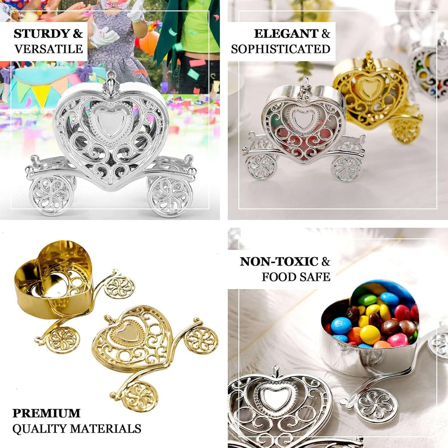 Efavormart 12 Pack 4" Silver Heart Carriage Favor Boxes - Cinderella Fairytale Wire Frame Candy Holders for Wedding, Bridal and Baby Shower Decorations
