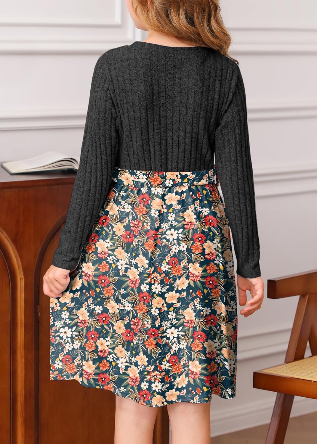 YOVION Girls Fall Long Sleeve Dress Floral A-Line Swing Holiday Casual Knit Dresses with Belt for 6-12 Years - Image 4