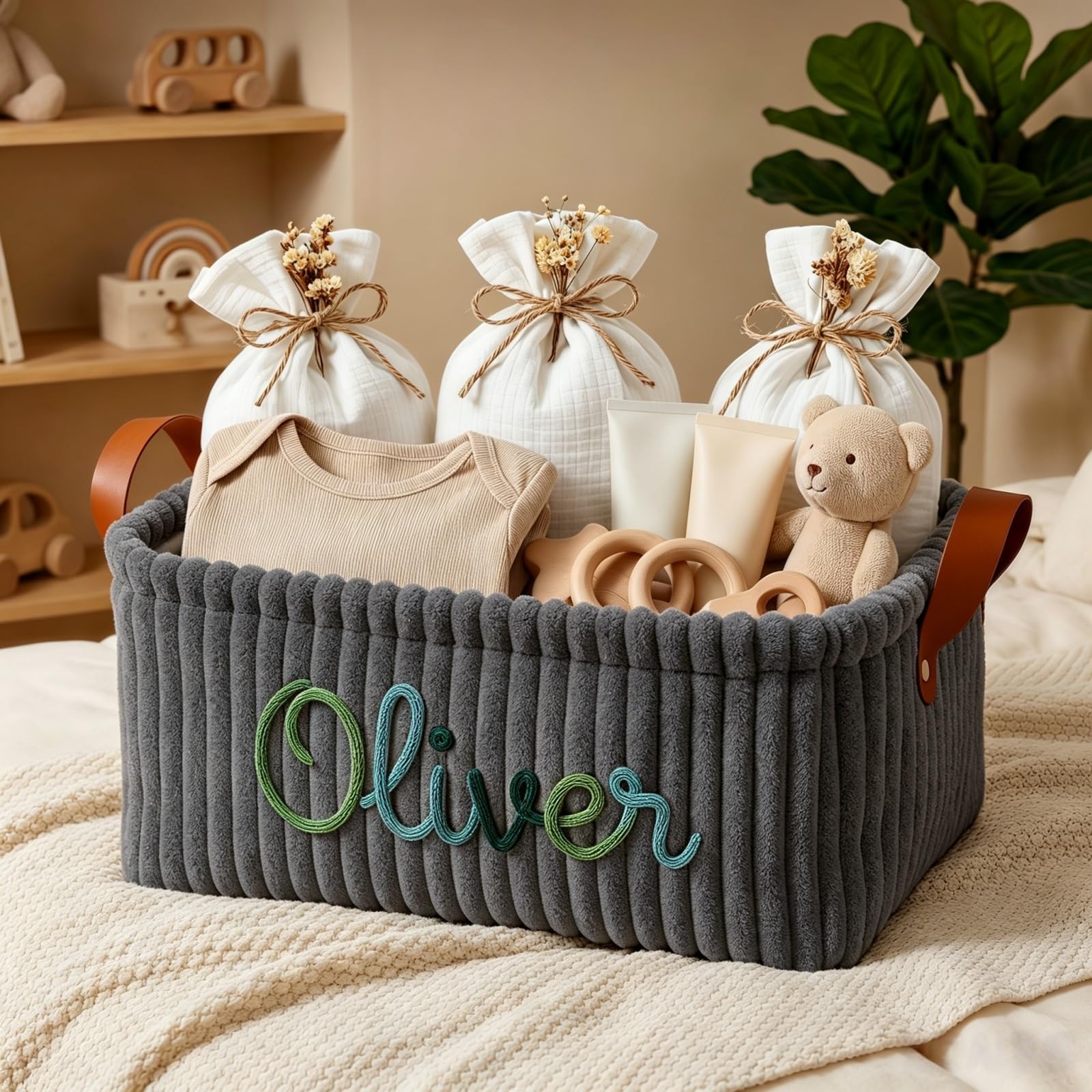 Custom Diaper Basket, Personalized Corduroy Storage Bin For Nursery Decor