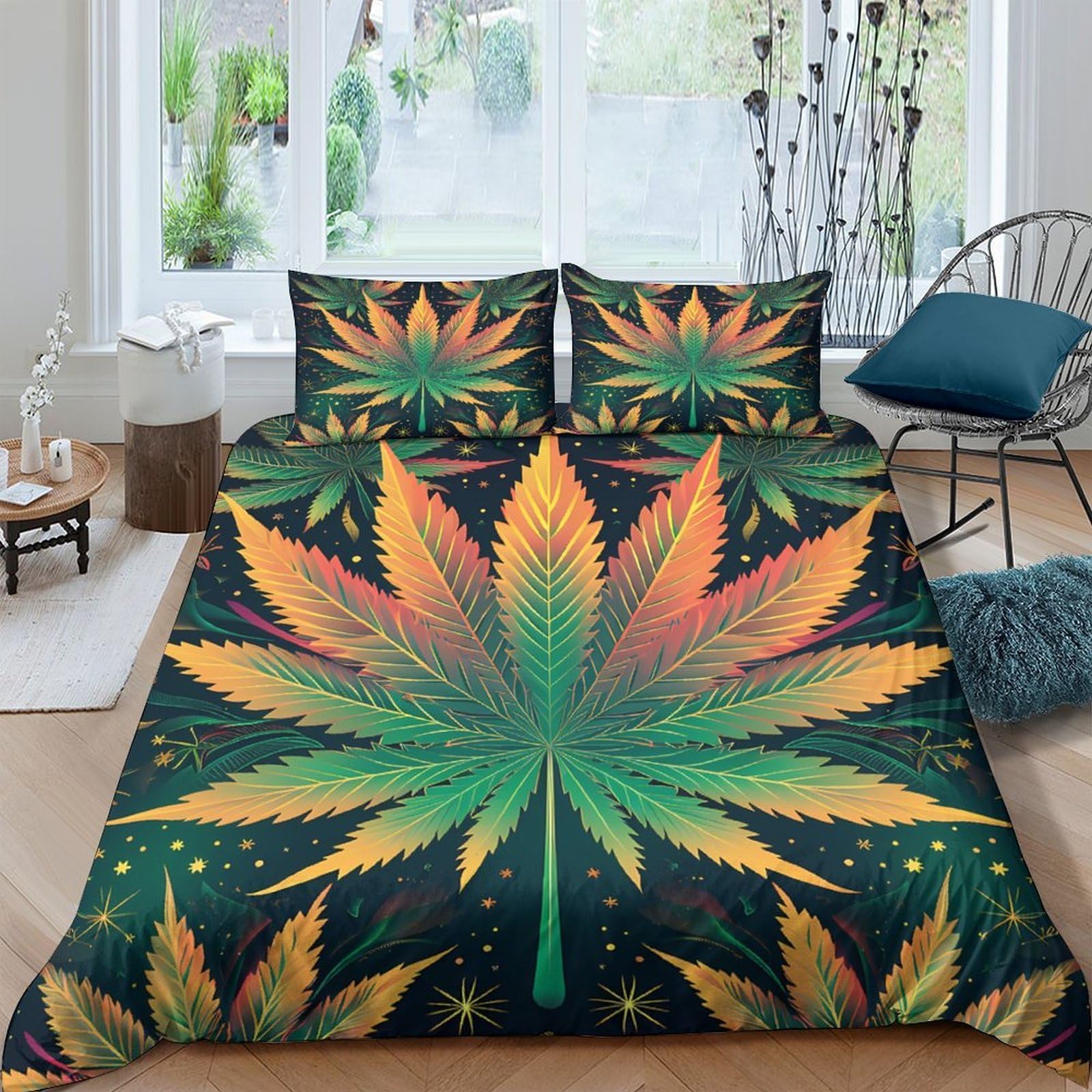 Ctjqhvkz Style-10 3D Printed Cannabis Leaf Fitted Sheet Microfiber Soft Anti-Slip Autumn Colorful Marijuana Bed Cover For Bedroom Dorm Decor Single（135X200cm）