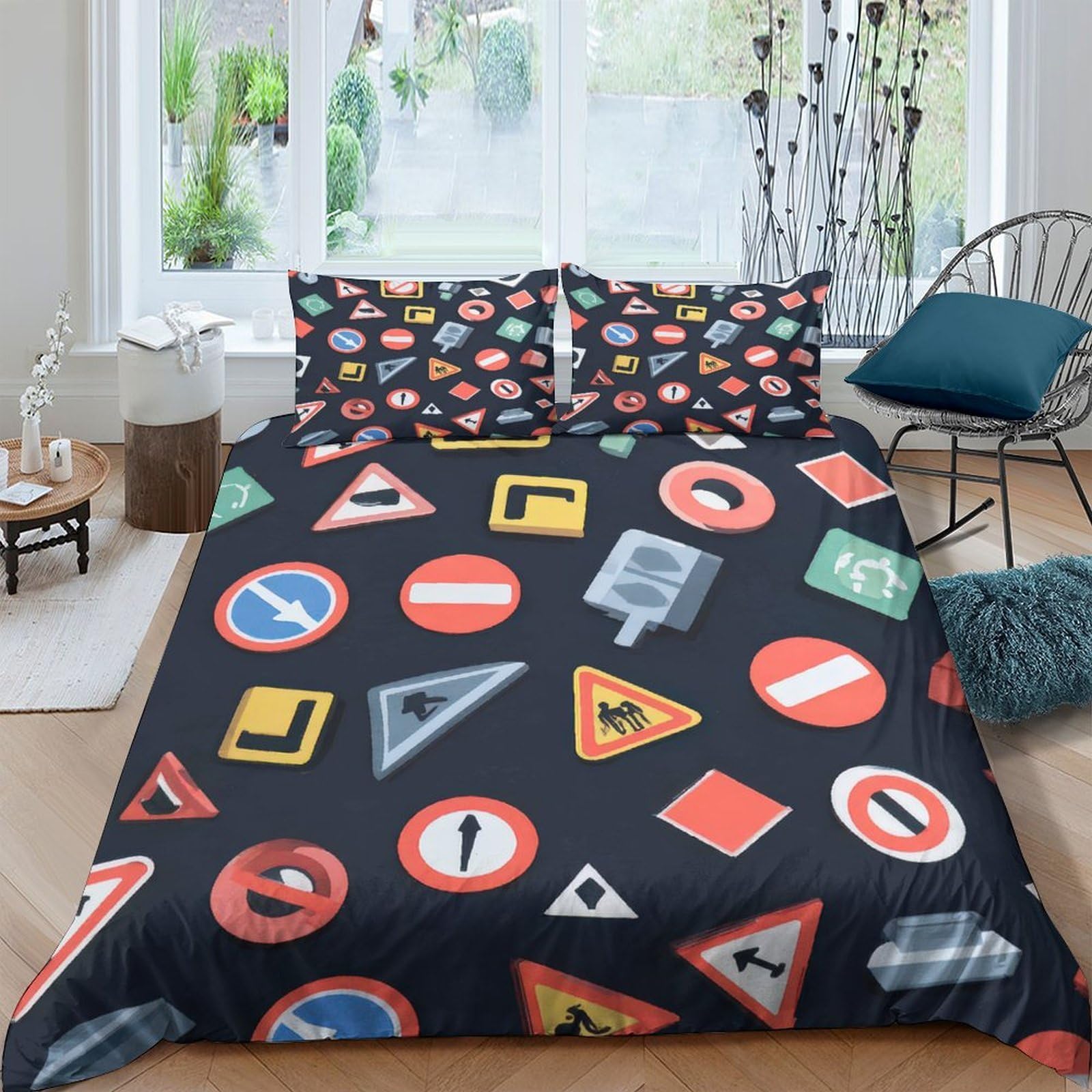Ctjqhvkz Style-8 3D Printed Road Sign Fitted Sheet Microfiber Anti-Slip Machine Washable Traffic Symbol Bed Cover For Bedroom Guest Room Decor Single（135X200cm）