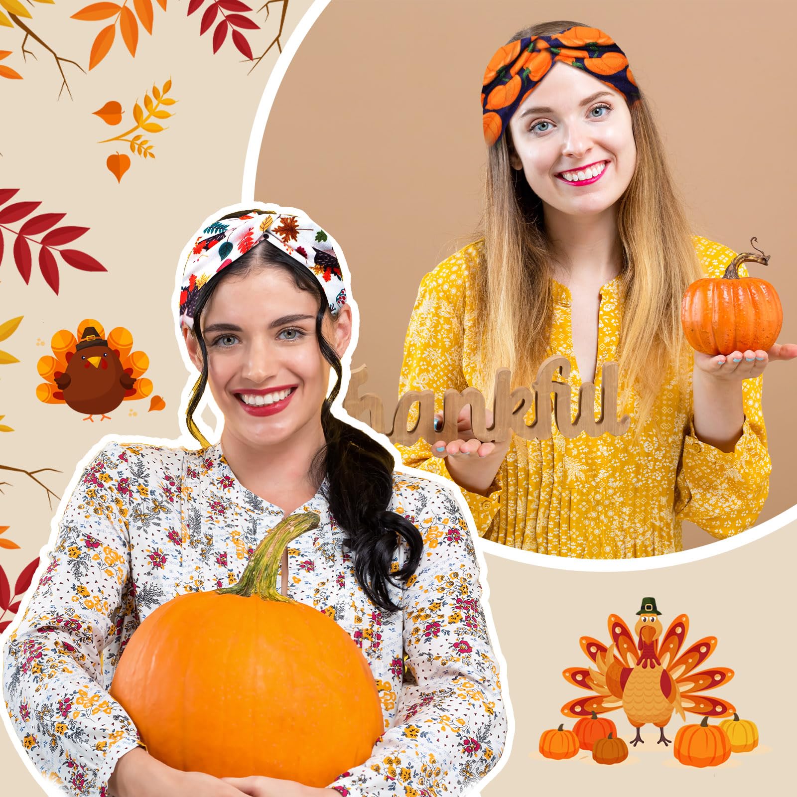 Giegxin 30 diademas elásticas de otoño para mujer, accesorios para el cabello de calabaza de otoño, envolturas elásticas para la cabeza para mujeres y niñas