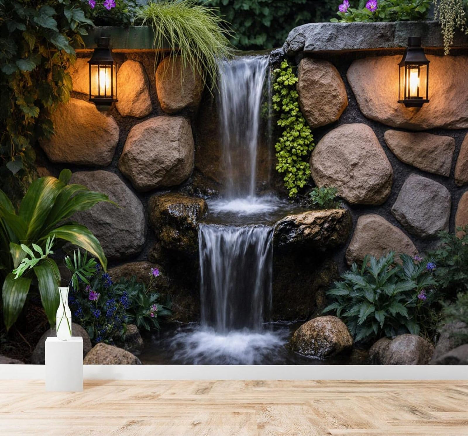 Xlming 250Cm×170Cm(B×H) Waterfall Stone Wall Lanterns Greenery 3D Wallpaper Silky Texture Home Study Office Grey Dining Room Sofa Bedroom Living Room Tv Backdrop-250Cm×170Cm