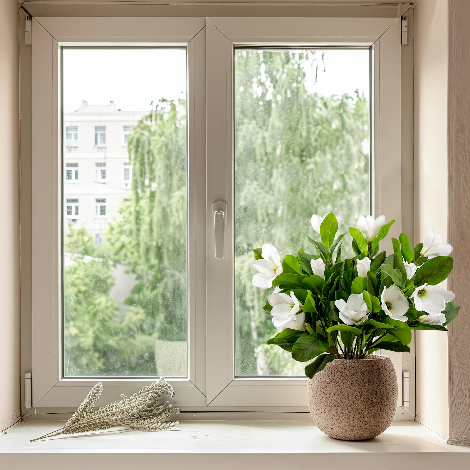 OBDXZHC 2 PCS 40inch Artificial Magnolia Flowers 3D Real Touch 8 Heads Faux Magnolia Flowers Realistic Long Stem with Green Leaves for Home Wedding