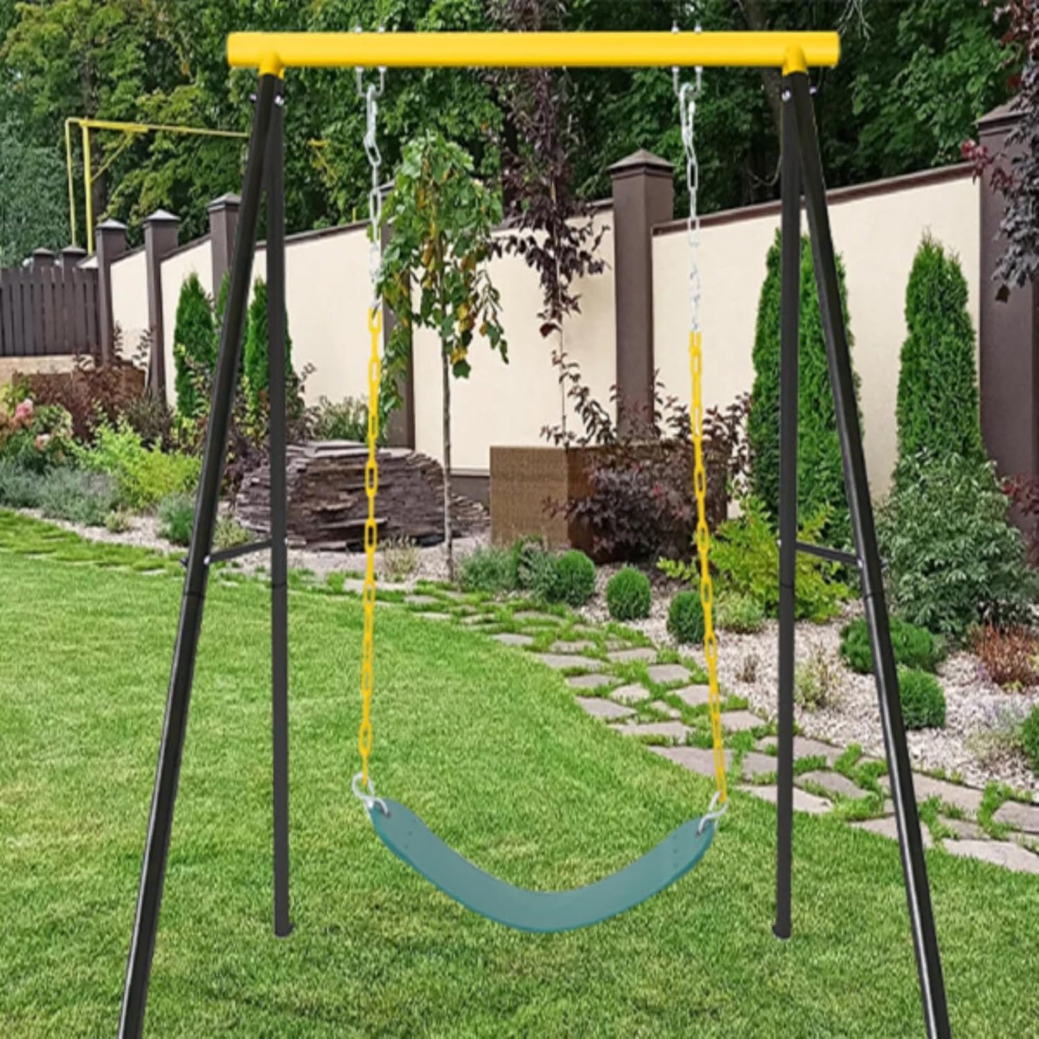 Porch Swing Set, Outdoor Swing, Heavy Duty A-Frame Swing Set, Pre-Drilled Holes, Easy Installation, 550-lb Weight Capacity, Backyard Outdoor Indoor, Yellow and Black