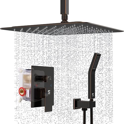 SR SUN RISE Juego completo de grifos de ducha de bronce aceitado de 16 pulgadas, sistema de ducha para baño, cabezal montado en el techo (contiene