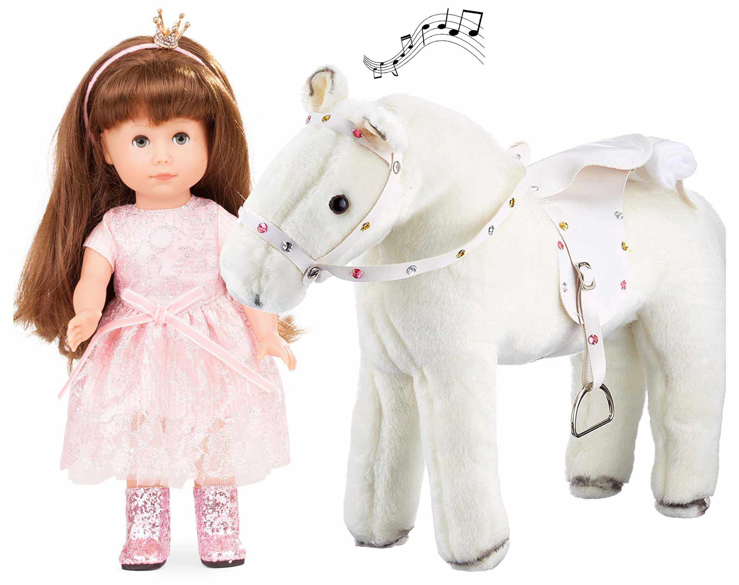 Götz 2113137 Just Like me Chloe mit Weißem Blitz - Prinzessin Chloe Puppe mit Plüschpferd - 27 cm große Stehpuppe mit extra Langen braunen Haaren, blauen Schlafaugen in 14-teiligen Set