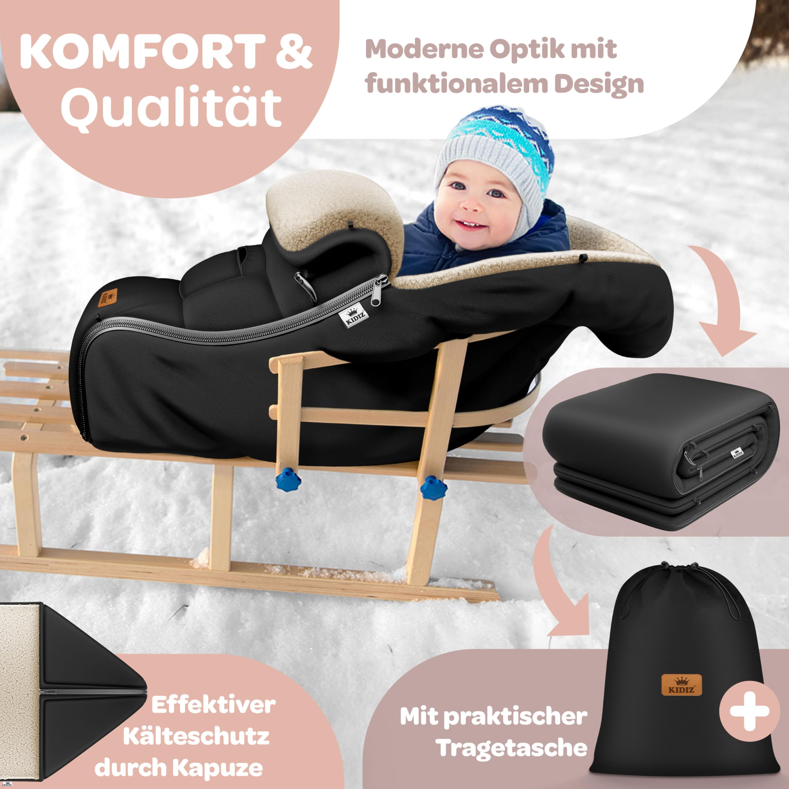Kidiz Babyfußsack Winterfußsack Kinderwagen Universal Lammfleece wasserdicht winddicht 3- & 5-Punkt-Gurt Schwarz