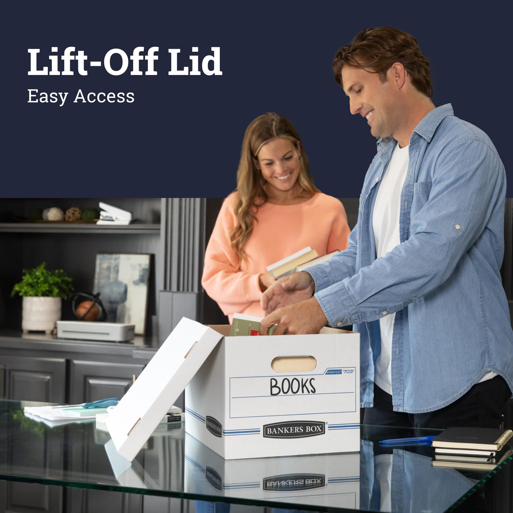 Bankers Box, STOR/FILE, Confezione da 12 scatole portaoggetti per documenti, montaggio standard, coperchio sollevabile, lettera/legale, bianco/blu