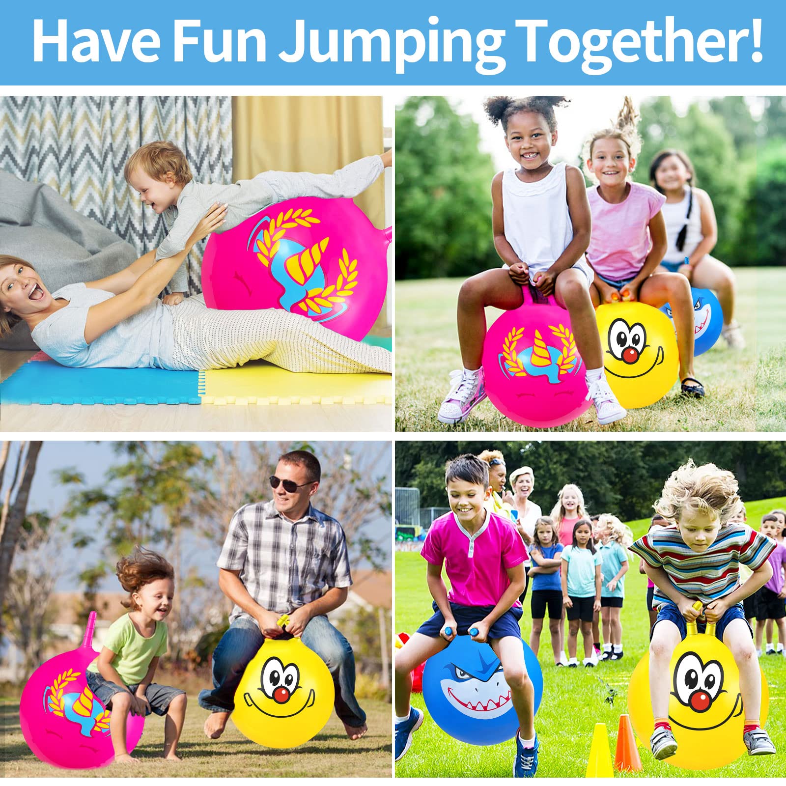 3 bolas de tolva, bola inflable con mango y bomba para niños, bolas inflables de 18 pulgadas para deportes al aire libre en interiores y juegos de salto de equilibrio (amarillo+rosa + azul)