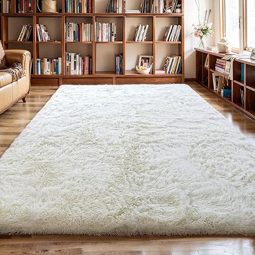 Thick Area Rug 6x9 Cream White Fluffy Shag for Bedroom