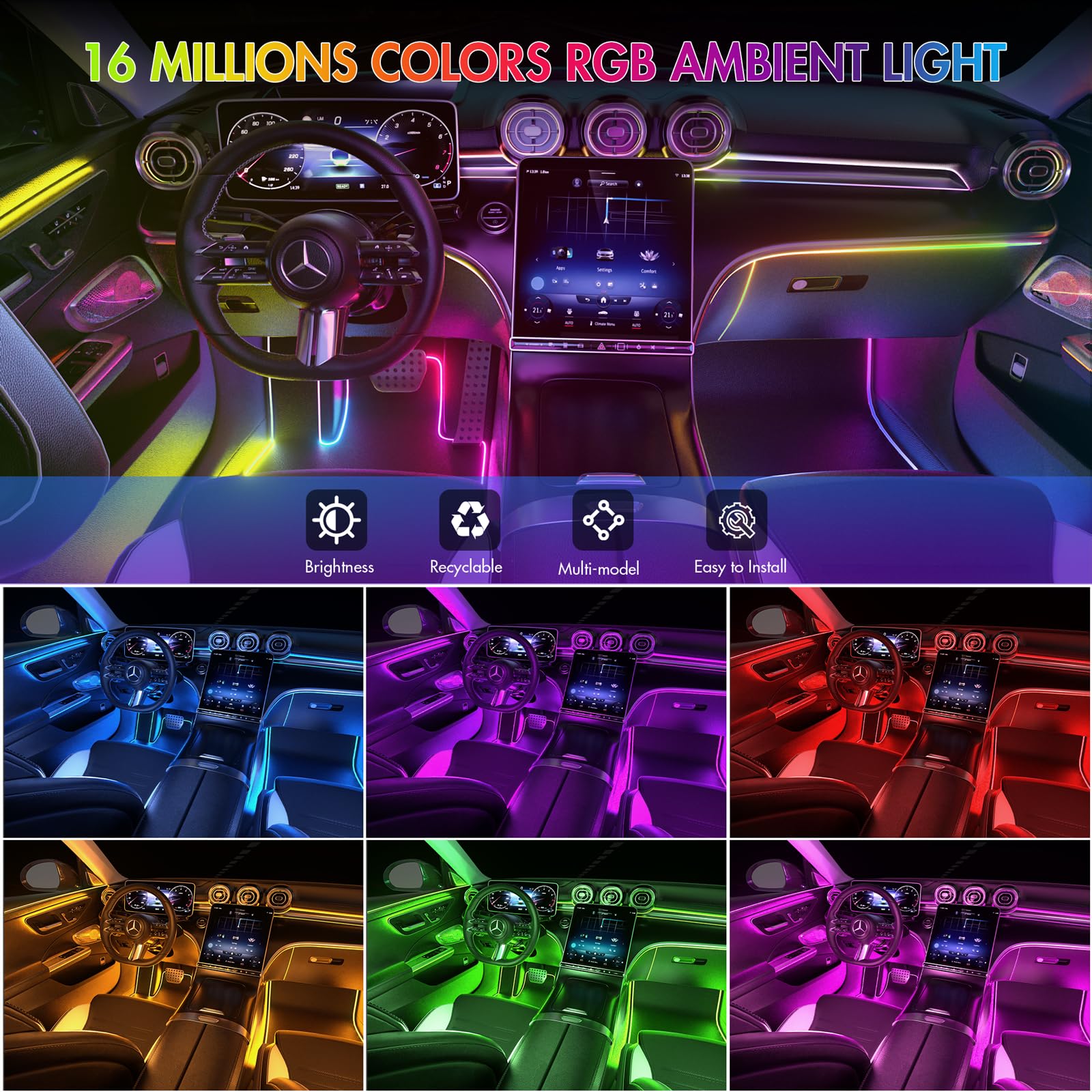 Defvnsy Kit di illuminazione interna a LED per auto, 18 in 1, RGB, 12 V, strisce in fibra ottica acrilica, illuminazione ambientale a LED colorata, controllo app, illuminazione interna universale al