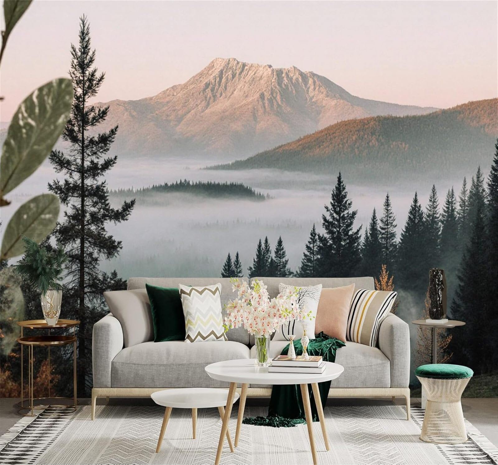 XLMING Fresh Mist Shrouded Mountain Scenery Pine Forest Sunrise 3D Wallpaper Premium Textured Silk Study Dining Living Room Bedroom Sofa TV Wall Easy Install-400cm×280cm