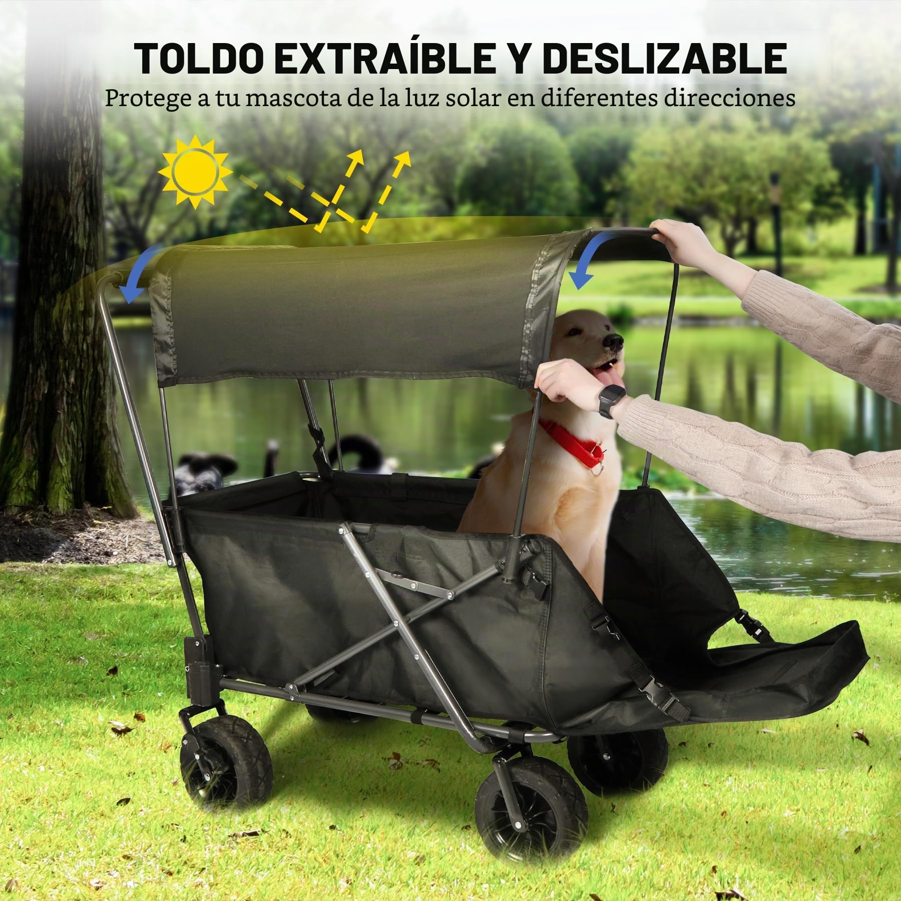 REDCAMP Carrito plegable para perros con techo extensible, 136 kg de capacidad, ruedas todoterreno con frenos, para camping y jardín al aire libre, tela Oxford 600D