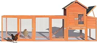122 Inch Wooden Chicken Run Cage with with Nesting Box, Spacious & Durable Fir Wood Outdoor Chicken Coop for Chickens, Ducks, Rabbits & Small Animals, Easy to Assemble, 122 x 26 x 44.5 Inches