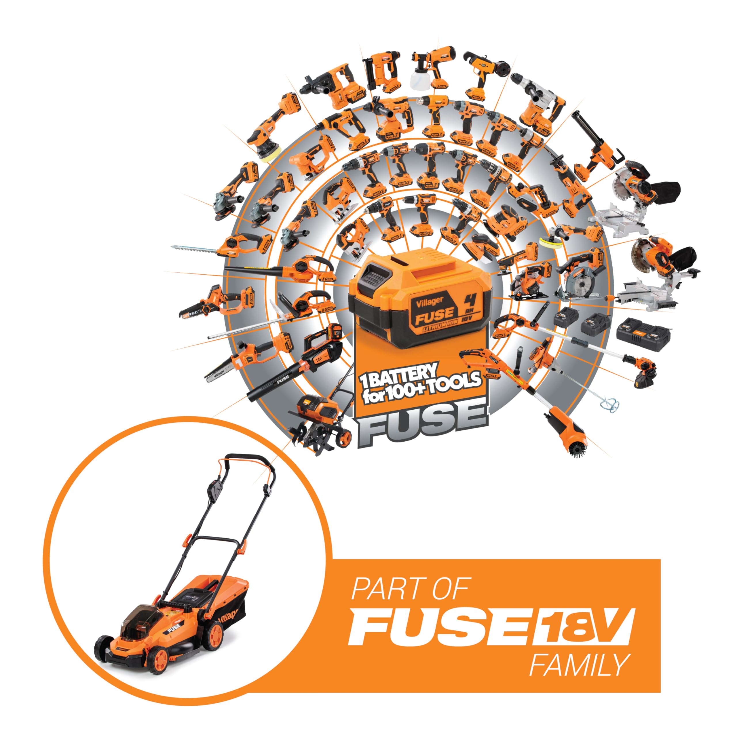 VILLAGER Villy 2020 E-1BCB - Tosaerba a batteria - Motore brushless da 18 V, larghezza di taglio 330 mm, con batteria da 2 Ah e caricabatterie, per prati fino a 300 m², regolazione dell'altezza di