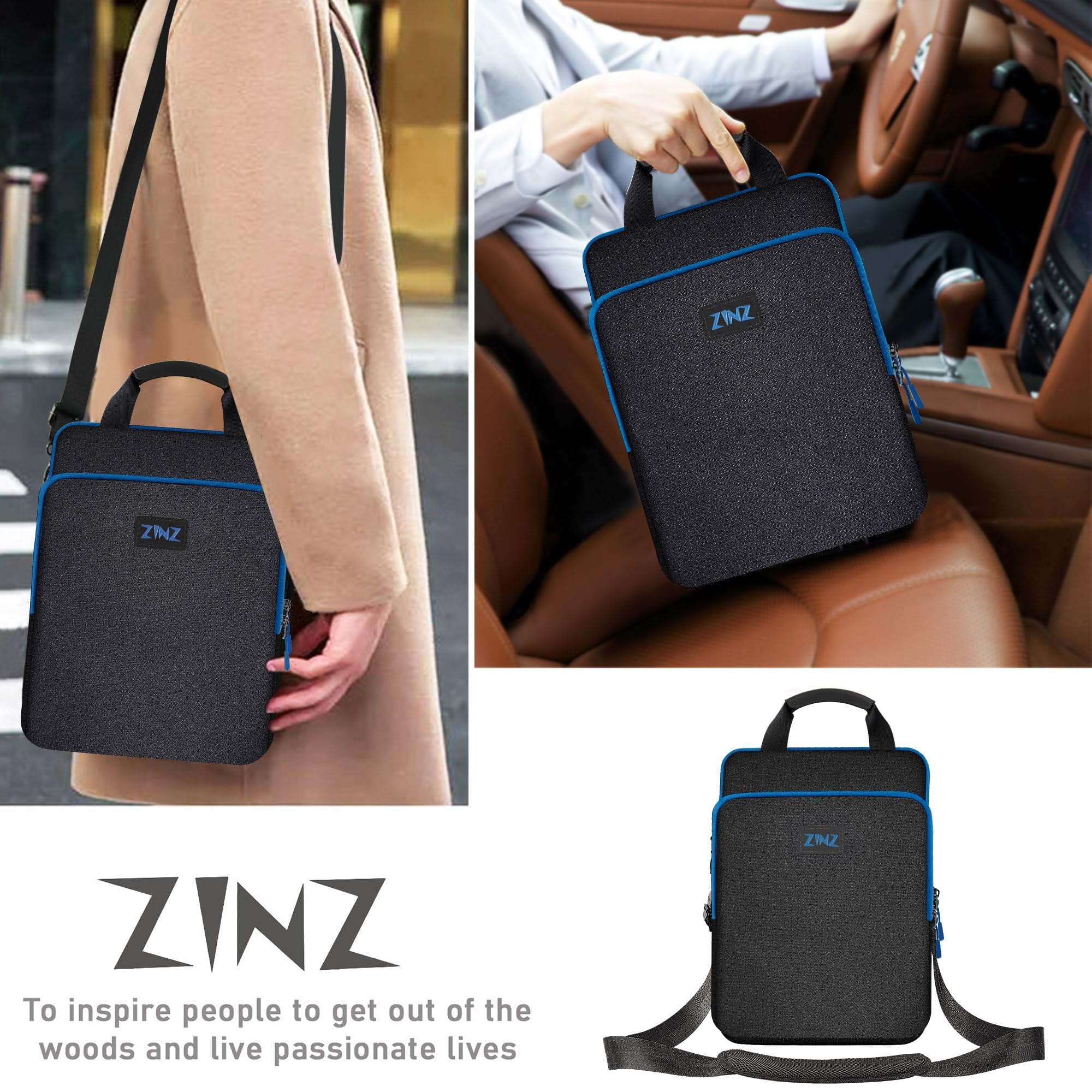 ZINZ Borsa a Tracolla per Laptop da Viaggio da 12,3-13 Pollici con Scomparto Espandibile e Scomparto per Oggetti di Valore -Nero