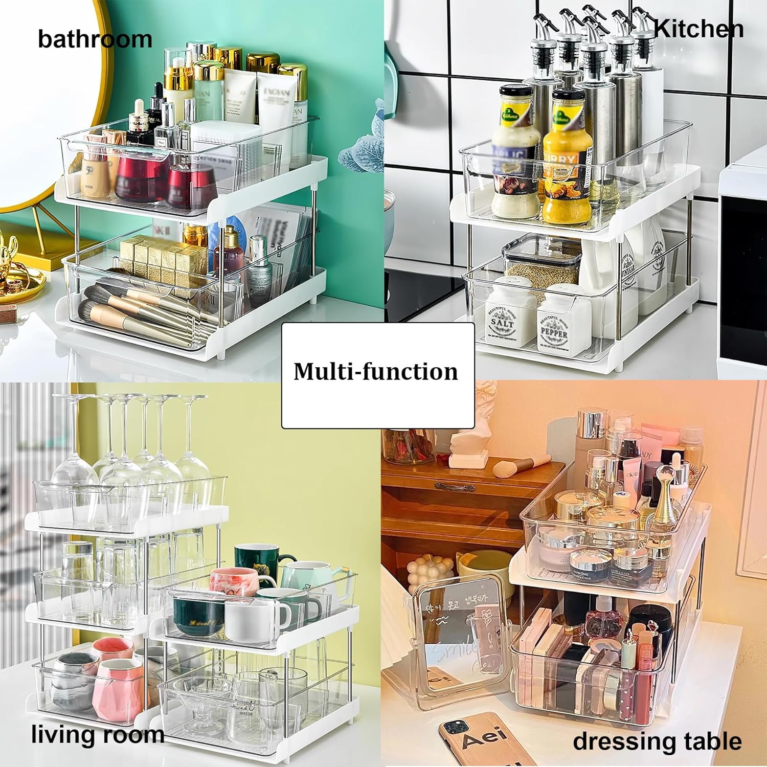 Atkits Kitchen Cabinet Organizers and Shelf Under Sink Organizers and Storage Bathroom Acrylic 2 Tier Clear Organizer with Dividers,3 Tier,No partition Style