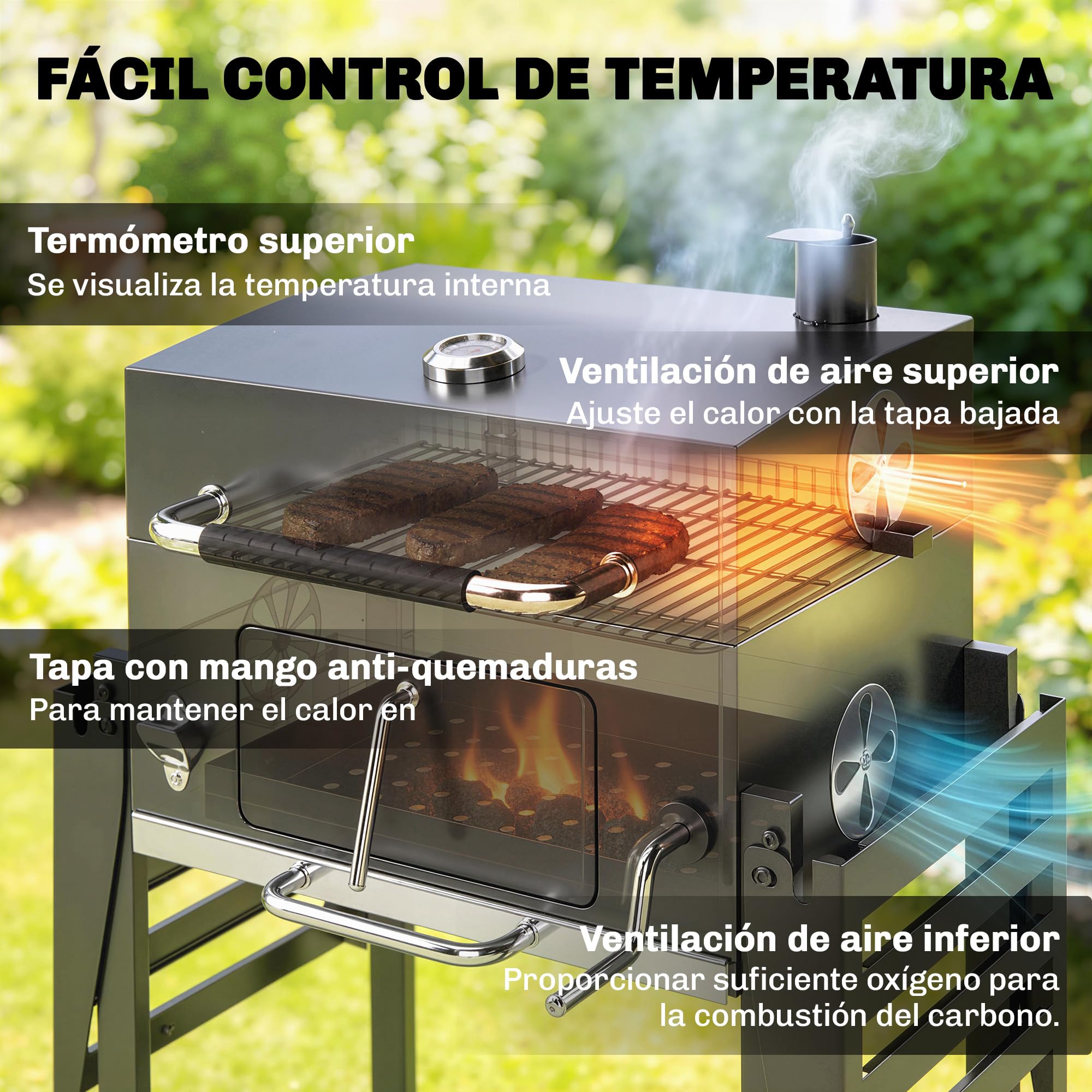 Outsunny Barbacoa de Carbón Portátil, Bandeja Ajustable, Tapa, Negro | Estantes Plegables, Termómetro, Chimenea, Ventilaciones, Cajón de Cenizas, Ruedas
